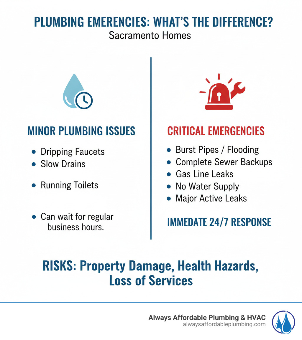 Infographic showing the difference between minor plumbing issues and critical emergencies: Minor issues include dripping faucets, slow drains, and running toilets that can wait for regular business hours. Critical emergencies requiring immediate 24/7 response include burst pipes causing flooding, complete sewer backups, gas line leaks, no water supply to the home, and major leaks causing active water damage. Emergency situations pose risks of property damage, health hazards, or loss of essential services. - emergency plumber sacramento ca infographic 