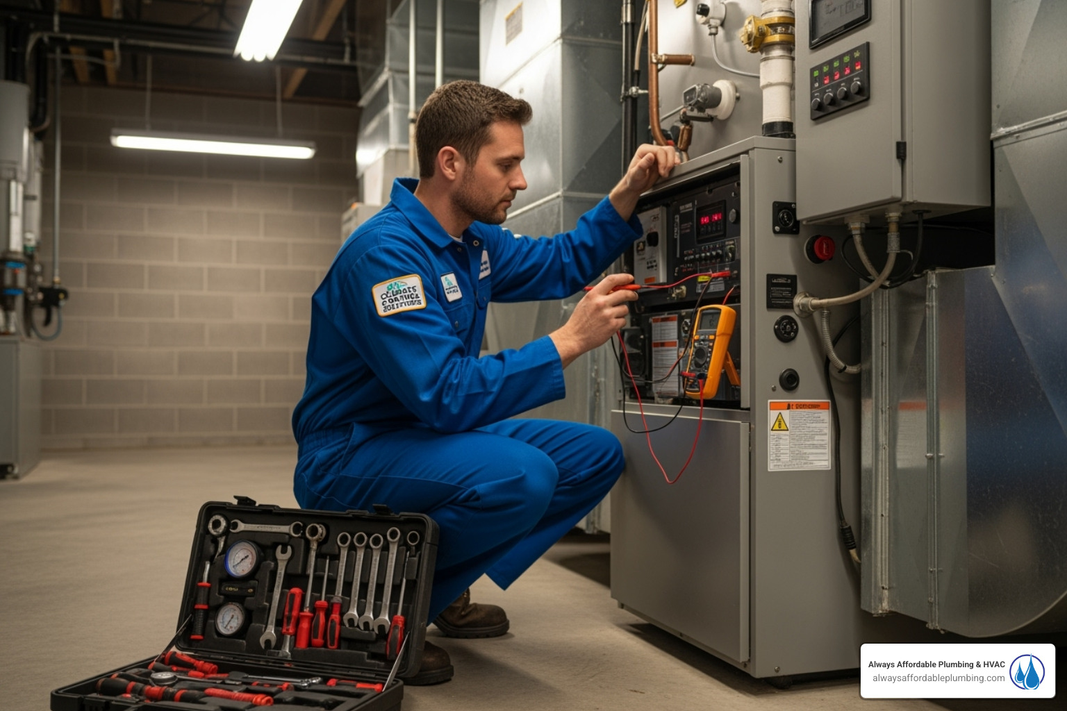 technician performing a seasonal furnace tune-up on a commercial unit - furnace repair sacramento ca