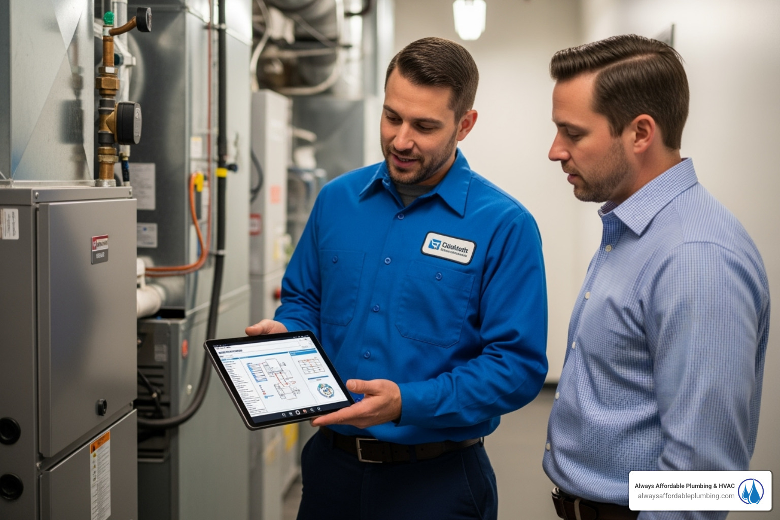 technician explaining a diagnosis on a tablet to a business manager - furnace repair sacramento ca