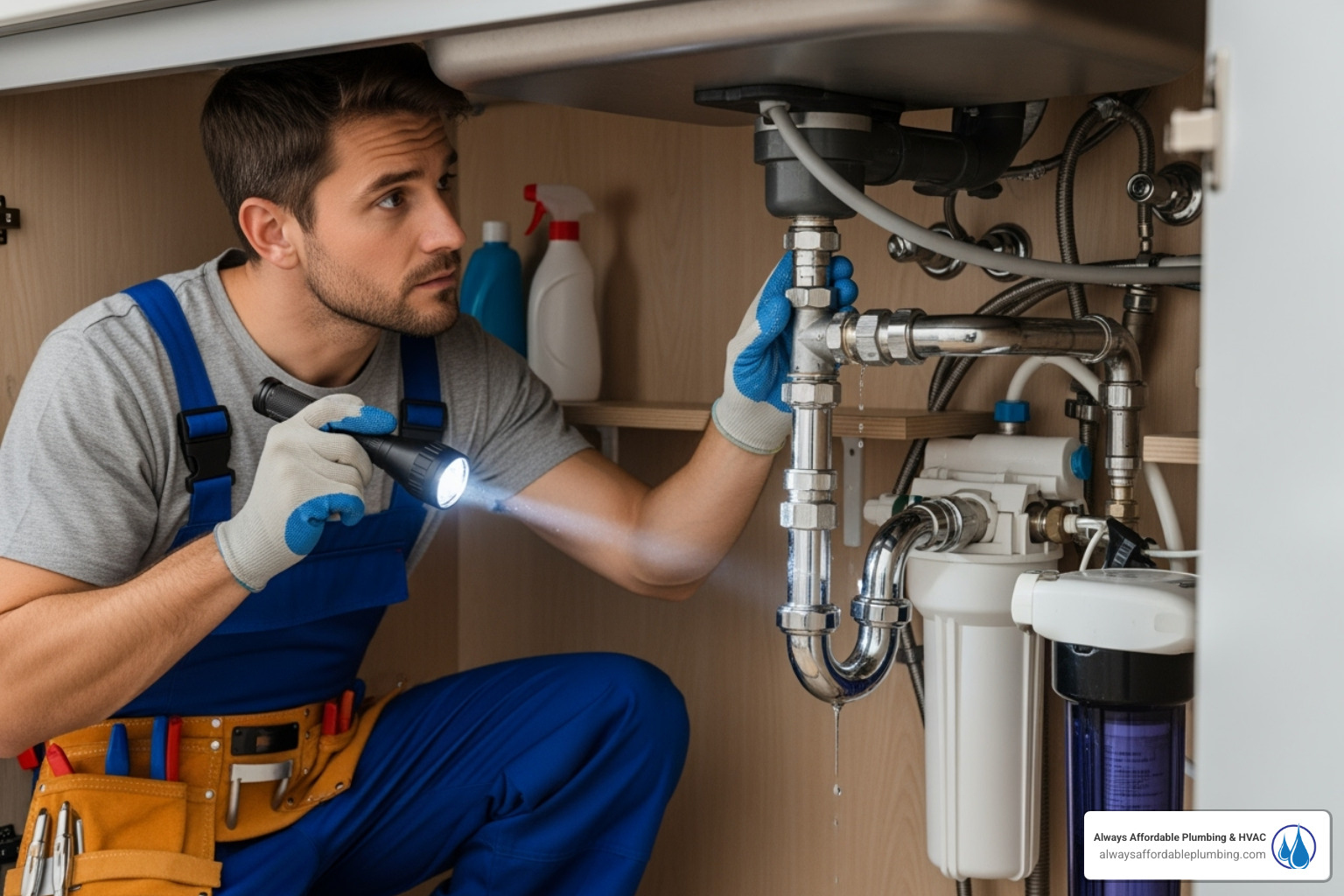 A skilled plumber carefully inspecting pipes and connections under a kitchen sink, using a flashlight to check for any signs of wear or leakage. - emergency plumber sacramento ca