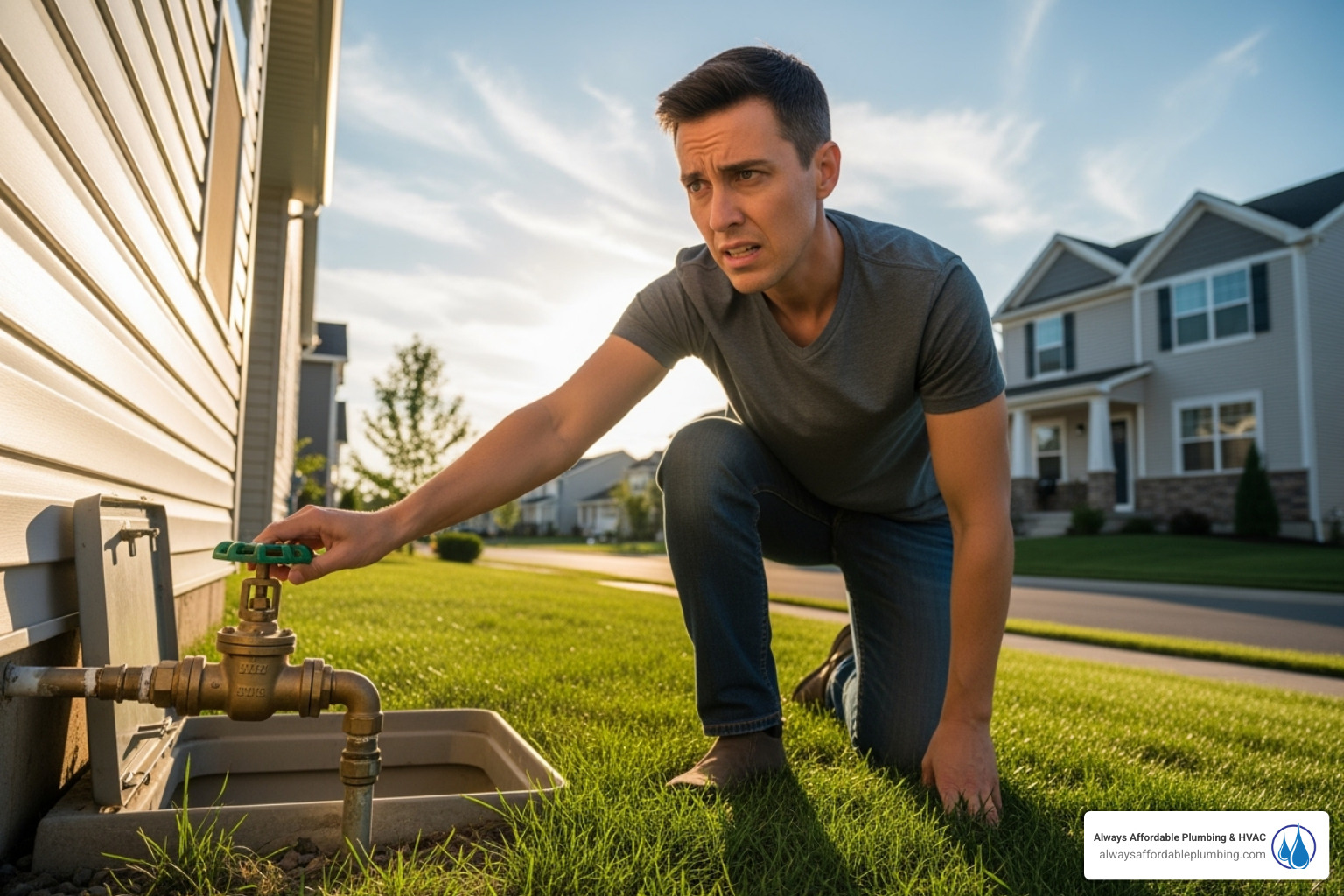 A homeowner quickly turning off the main water valve located outside their house, with a look of concern but determination. - emergency plumber sacramento ca
