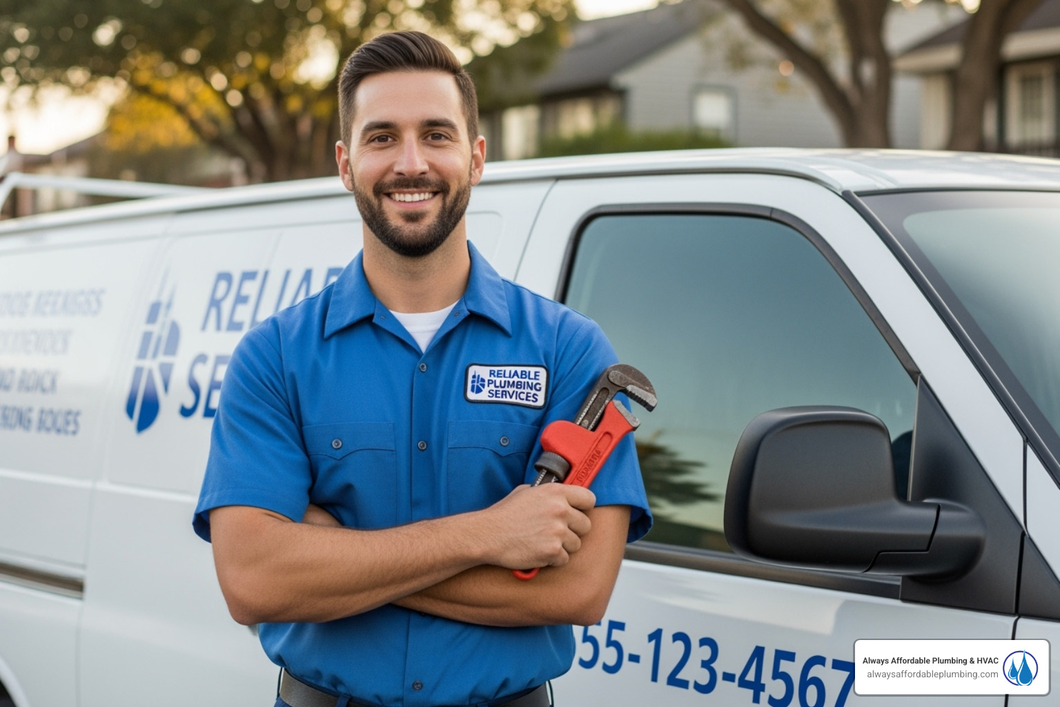 A professional, uniformed plumber with a friendly smile, standing confidently beside a clean service van, ready to assist. - emergency plumber sacramento ca