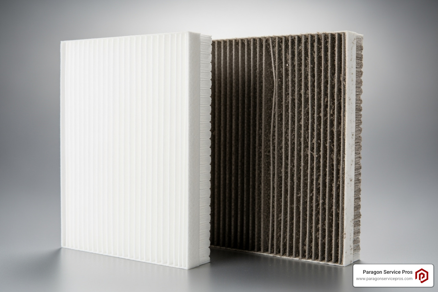 A clean HVAC air filter next to a dirty, clogged one, highlighting the importance of regular filter replacement - indoor air quality testing gold canyon, az