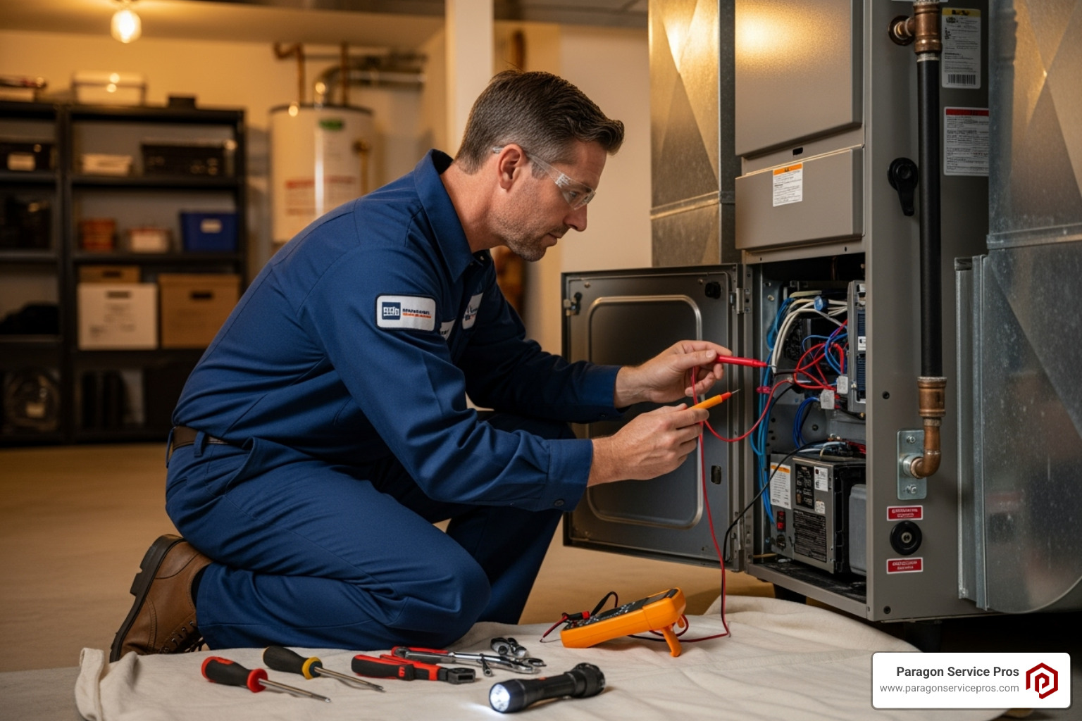 A professional HVAC technician carefully diagnosing a furnace unit in a residential home - furnace repair gold canyon, az