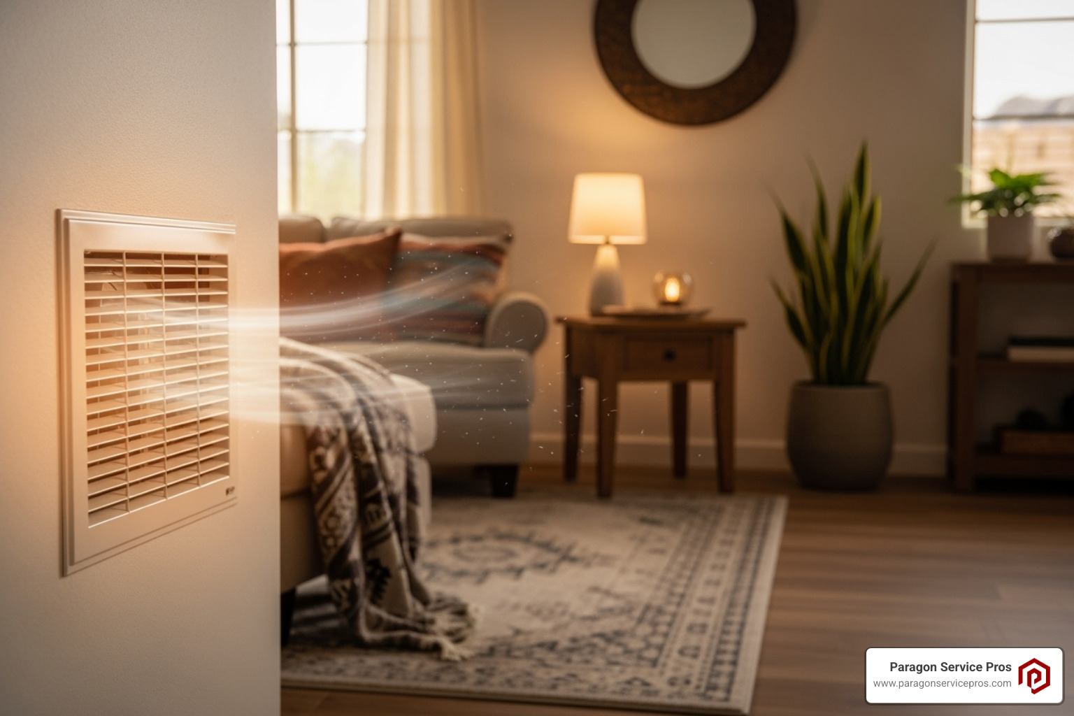 A cozy Gold Canyon home interior with a working furnace vent gently blowing warm air, symbolizing reliable heating - furnace repair gold canyon, az