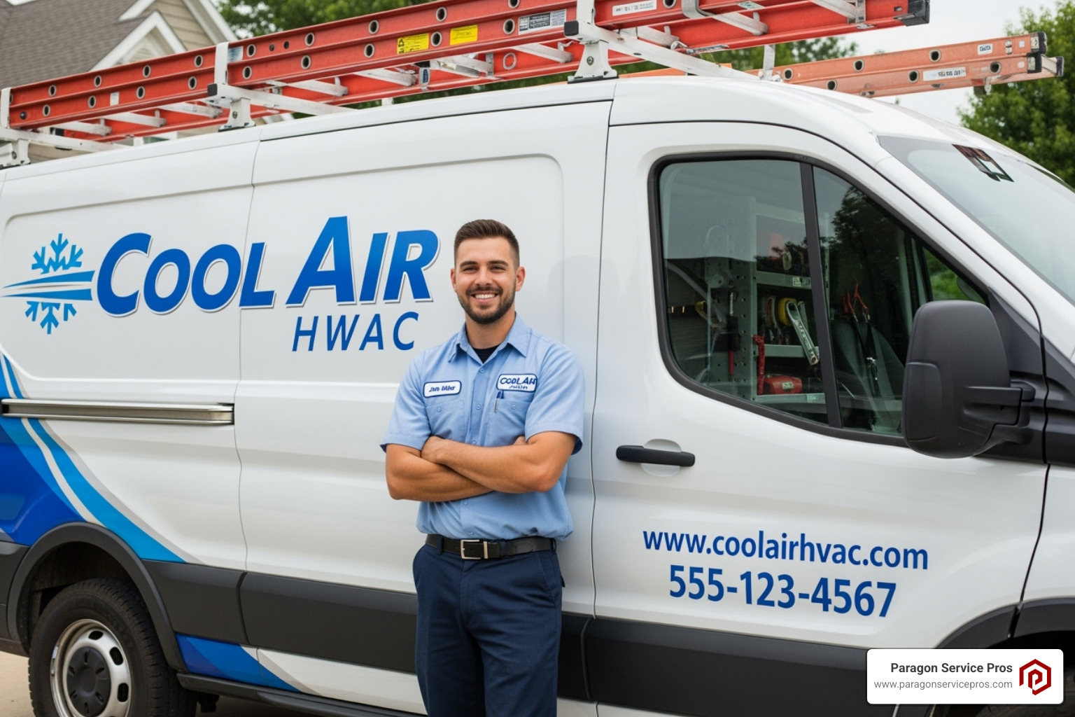 A friendly HVAC technician in uniform smiling next to a company van, representing reputable service - furnace repair gold canyon, az