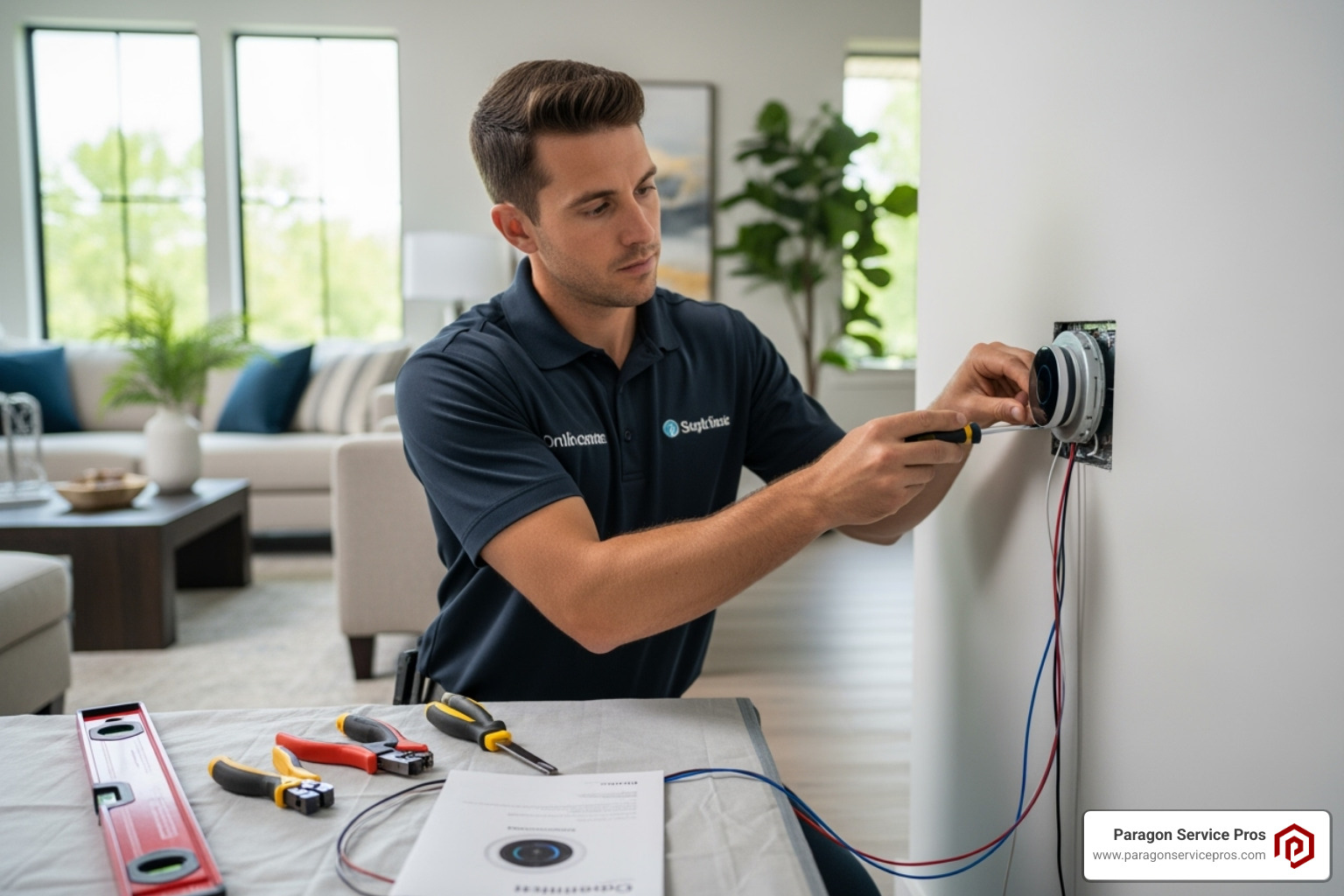 Image of a professional technician neatly installing a smart thermostat - smart thermostat installation chandler, az Image of a professional technician neatly installing a smart thermostat - smart thermostat installation chandler, az