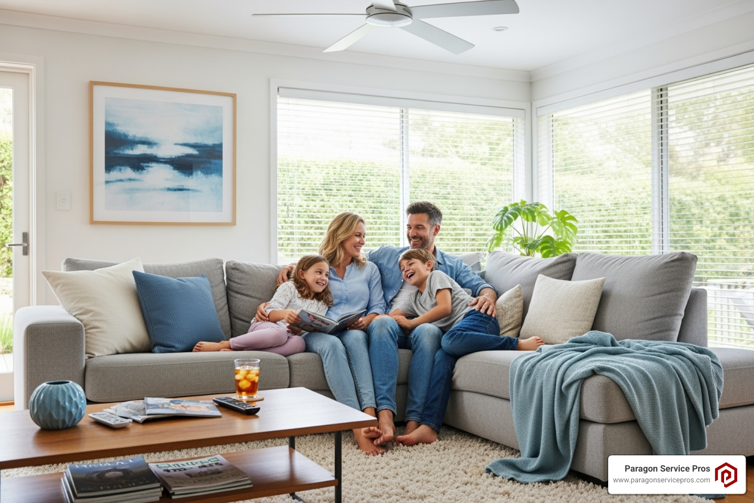 Image of a happy family relaxing in a comfortable, cool living room - smart thermostat installation chandler, az Image of a happy family relaxing in a comfortable, cool living room - smart thermostat installation chandler, az