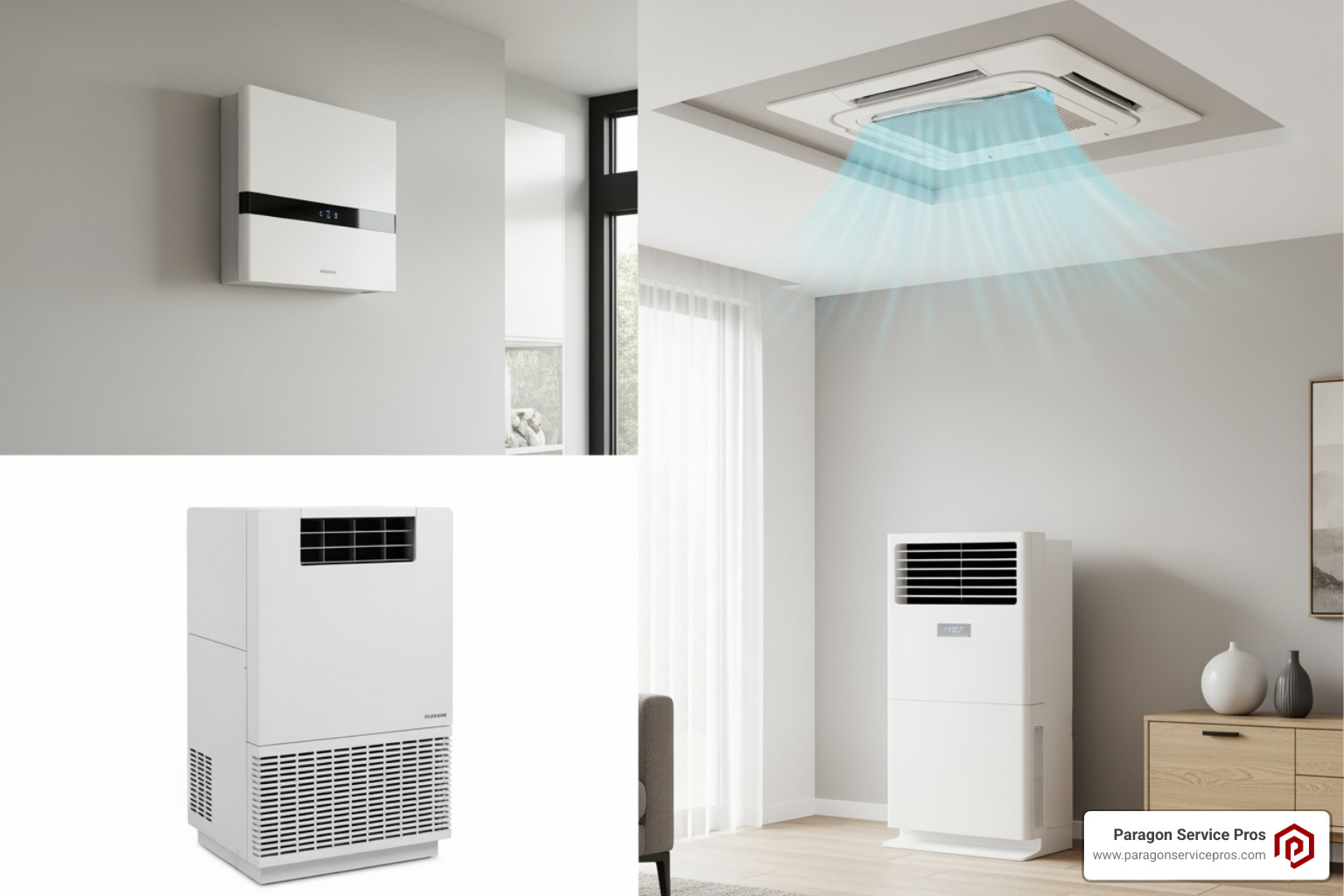 Image showing different types of indoor units: a wall-mounted unit, a ceiling cassette, and a floor console - ductless mini split installation gold canyon, az Image showing different types of indoor units: a wall-mounted unit, a ceiling cassette, and a floor console - ductless mini split installation gold canyon, az