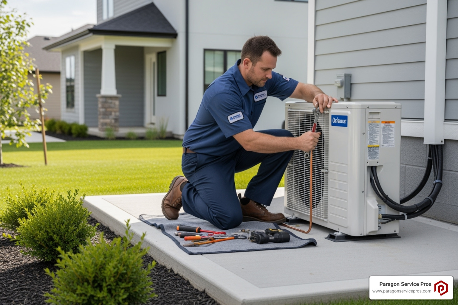 Image of a technician neatly installing an outdoor condenser unit on a concrete pad - ductless mini split installation gold canyon, az Image of a technician neatly installing an outdoor condenser unit on a concrete pad - ductless mini split installation gold canyon, az
