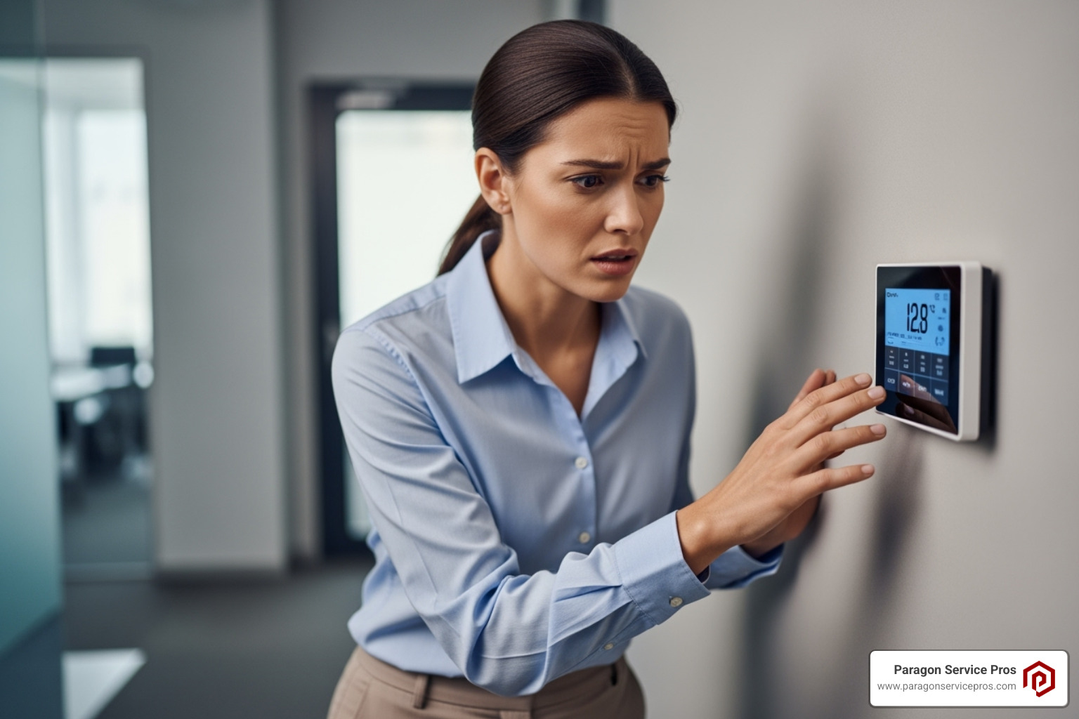 Business owner looking concerned at a thermostat - commercial hvac services chandler, az Business owner looking concerned at a thermostat - commercial hvac services chandler, az