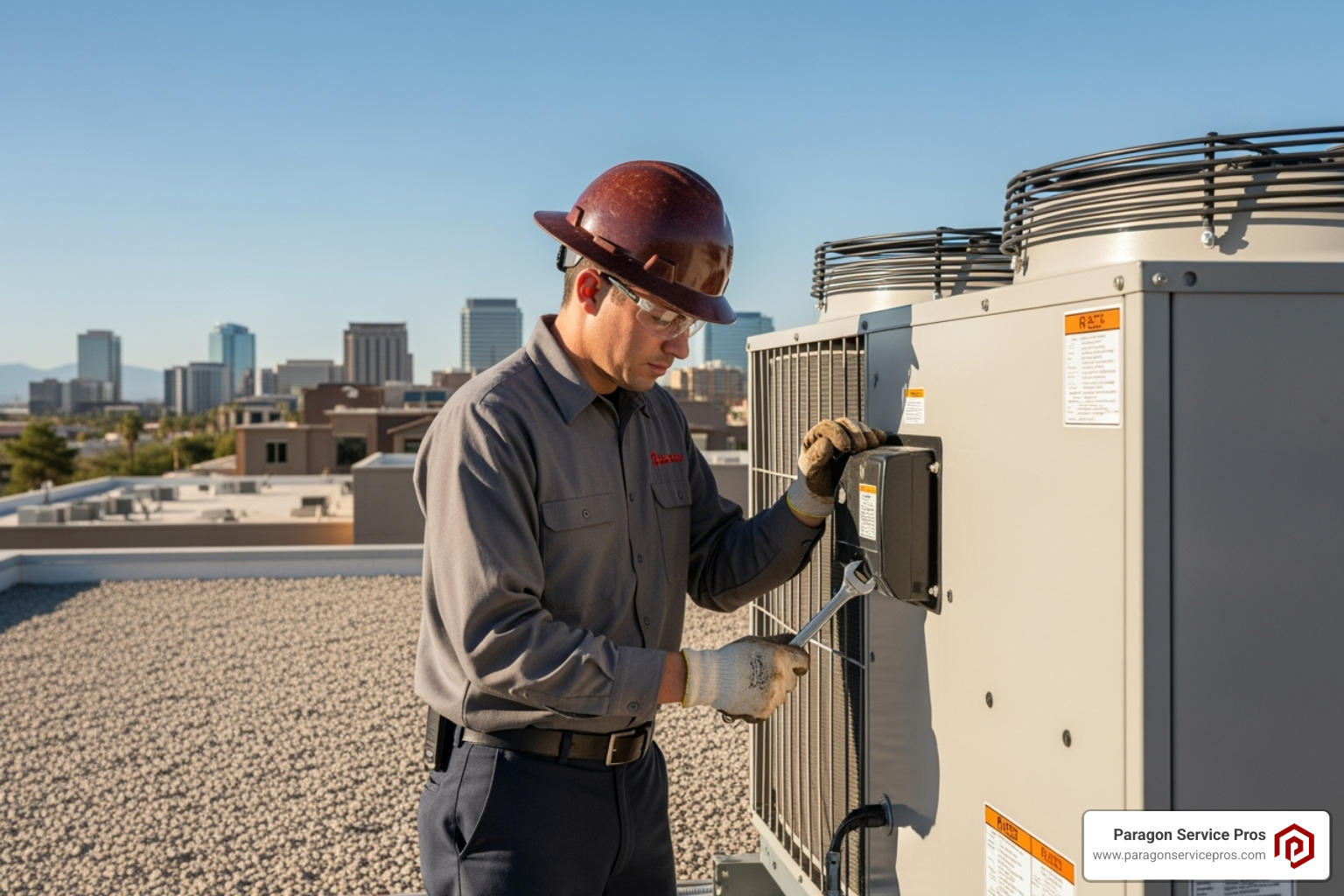 Technician working on a commercial rooftop HVAC unit - commercial hvac services chandler, az Technician working on a commercial rooftop HVAC unit - commercial hvac services chandler, az