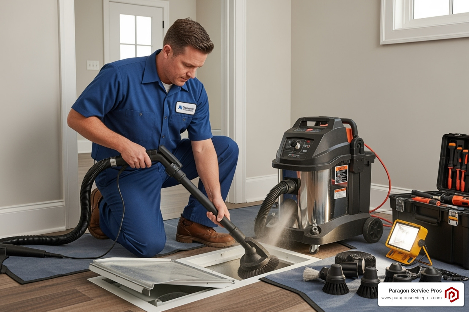 technician using a high-powered vacuum and brush system on a duct - air duct cleaning gilbert, az technician using a high-powered vacuum and brush system on a duct - air duct cleaning gilbert, az