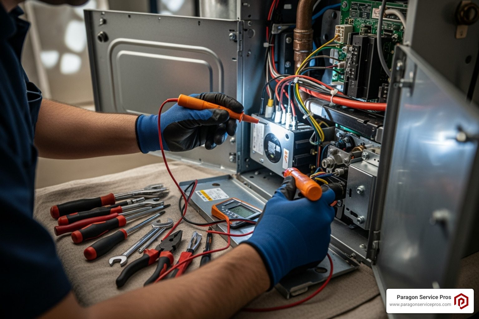 A technician's hands working on an internal furnace component - furnace repair chandler, az