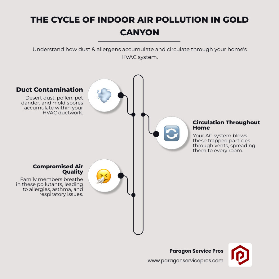 Infographic showing how dust, pet dander, pollen, and allergens accumulate in home ductwork and circulate through HVAC supply and return vents into living spaces, with arrows indicating airflow patterns and common contamination points in a typical Arizona home - air duct cleaning gold canyon, az infographic infographic-line-3-steps-elegant_beige Infographic showing how dust, pet dander, pollen, and allergens accumulate in home ductwork and circulate through HVAC supply and return vents into living spaces, with arrows indicating airflow patterns and common contamination points in a typical Arizona home - air duct cleaning gold canyon, az infographic infographic-line-3-steps-elegant_beige