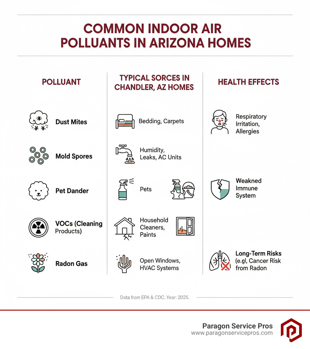 infographic showing common indoor air pollutants including dust mites, mold spores, pet dander, VOCs from cleaning products, radon gas from soil, and pollen, with their typical sources in Arizona homes and health effects like respiratory irritation, allergies, and long-term risks - indoor air quality testing chandler, az infographic infographic showing common indoor air pollutants including dust mites, mold spores, pet dander, VOCs from cleaning products, radon gas from soil, and pollen, with their typical sources in Arizona homes and health effects like respiratory irritation, allergies, and long-term risks - indoor air quality testing chandler, az infographic