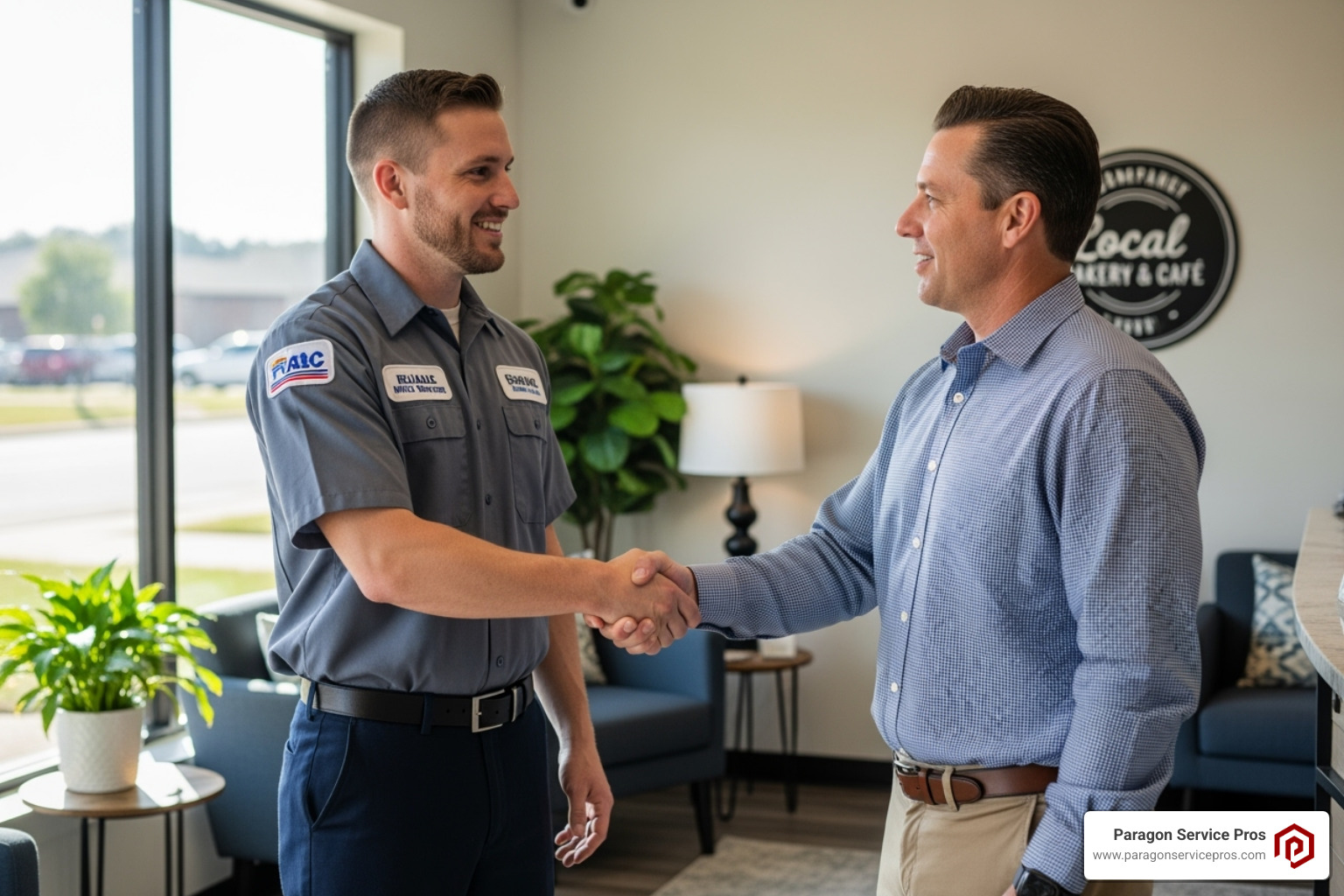 a friendly technician shaking hands with a business owner - commercial hvac services gilbert, az a friendly technician shaking hands with a business owner - commercial hvac services gilbert, az