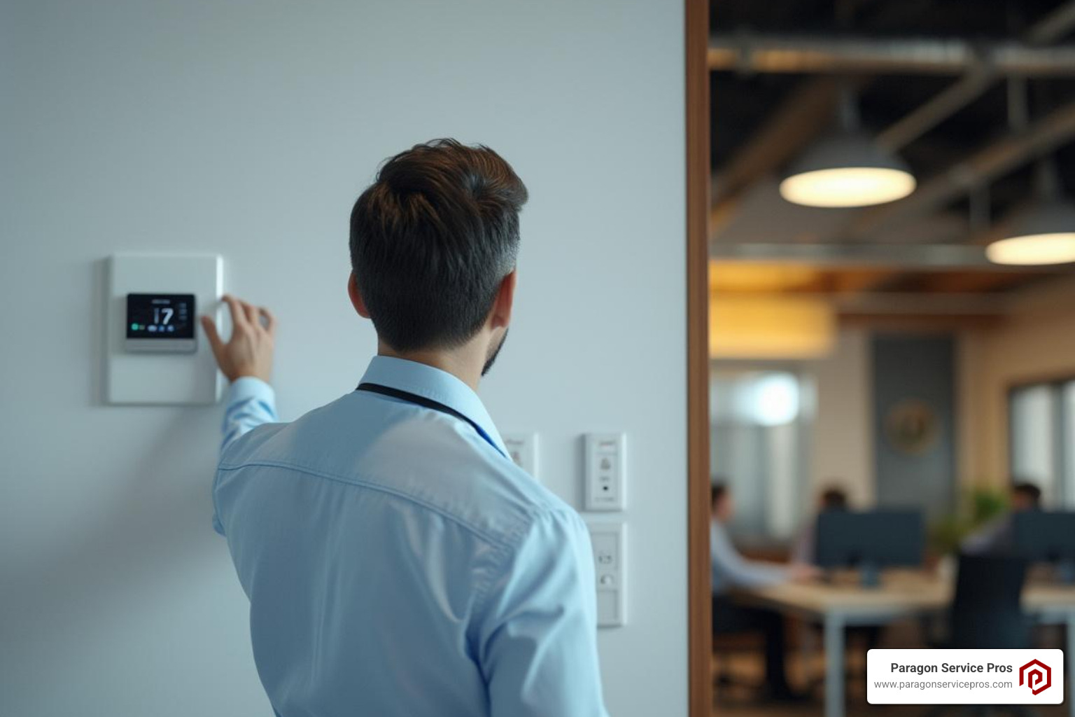 an office manager looking concerned at a thermostat - commercial hvac services gilbert, az an office manager looking concerned at a thermostat - commercial hvac services gilbert, az