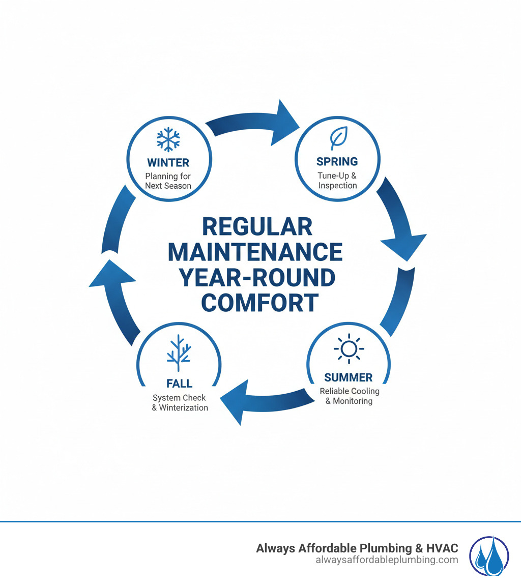 infographic showing the annual AC maintenance cycle with four seasons: Spring tune-up and inspection, Summer reliable cooling and monitoring, Fall system check and winterization, Winter planning for next season, with arrows connecting each stage and central text reading Regular Maintenance Equals Year-Round Comfort - ac tune up elk grove ca infographic 