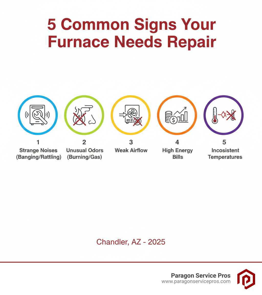 Infographic showing 5 common signs your furnace needs repair: 1) Strange banging or rattling noises from the unit, 2) Unusual burning or gas-like odors, 3) Weak airflow or no air coming from vents, 4) Unexpectedly high energy bills compared to previous months, 5) Thermostat not responding or inconsistent temperatures throughout the home - furnace repair chandler, az infographic 