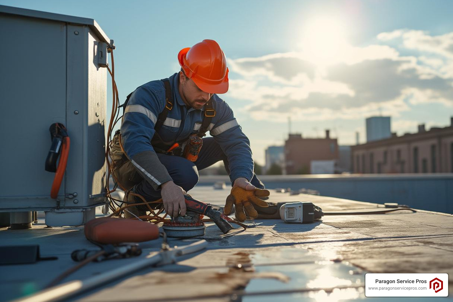 a technician performing maintenance on a commercial rooftop unit - commercial hvac services gilbert, az a technician performing maintenance on a commercial rooftop unit - commercial hvac services gilbert, az