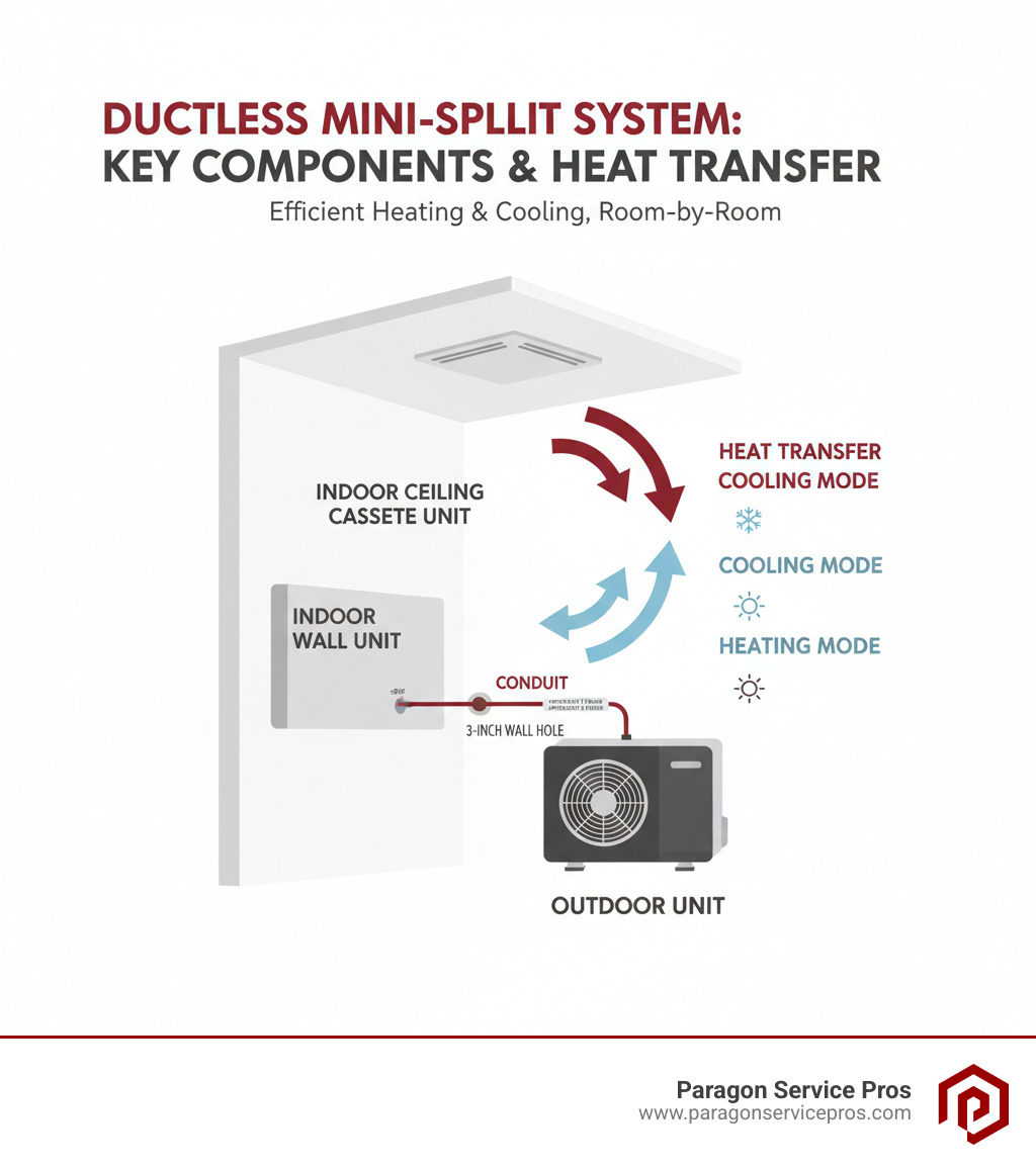 Infographic showing the key components of a ductless mini-split system: outdoor compressor/condenser unit connected via refrigerant lines and electrical conduit through a small three-inch wall hole to indoor air-handling units mounted on walls or ceilings, with arrows indicating heat transfer for both cooling and heating modes - ductless mini split installation american fork, ut infographic Infographic showing the key components of a ductless mini-split system: outdoor compressor/condenser unit connected via refrigerant lines and electrical conduit through a small three-inch wall hole to indoor air-handling units mounted on walls or ceilings, with arrows indicating heat transfer for both cooling and heating modes - ductless mini split installation american fork, ut infographic