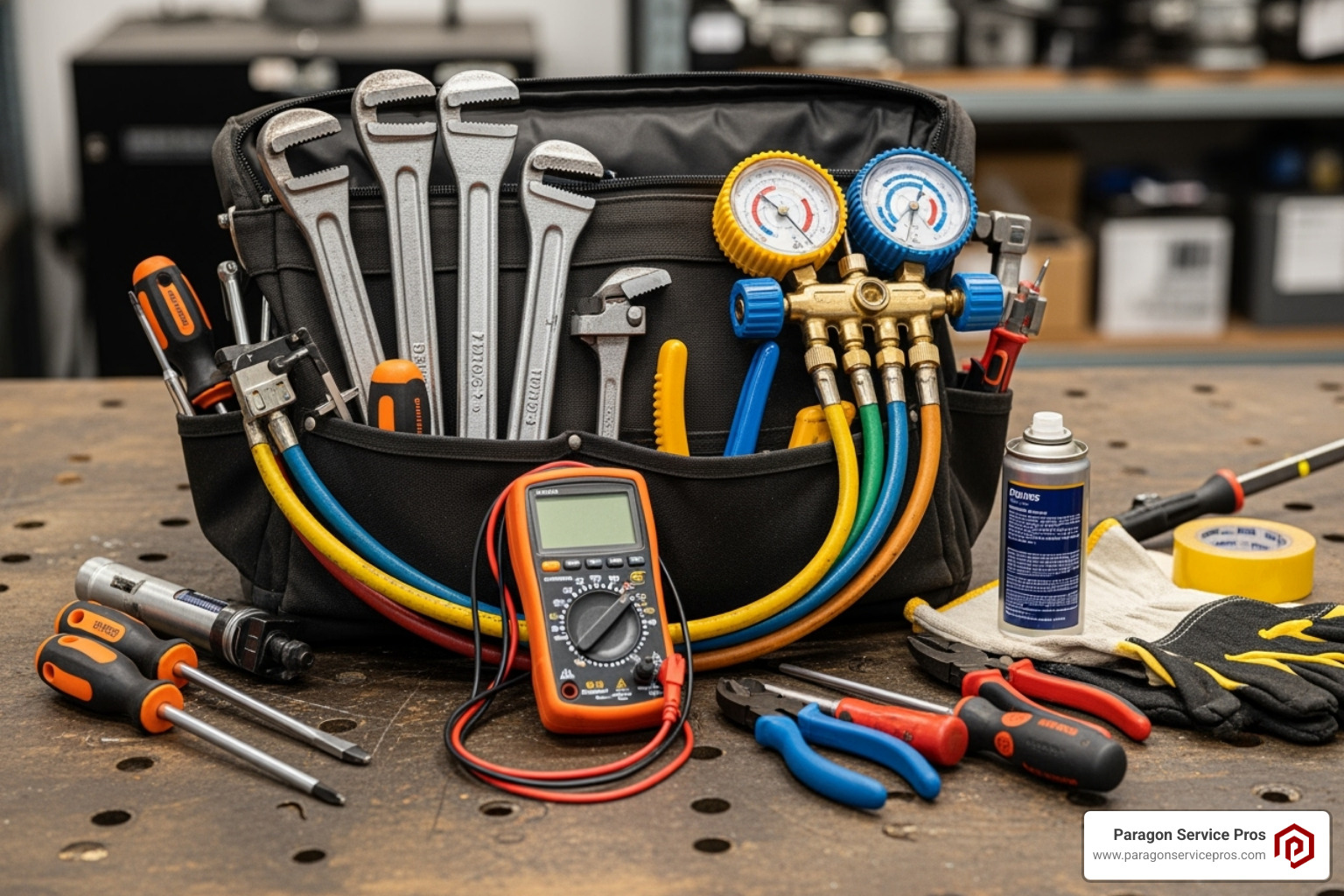a technician's tool bag with various HVAC tools - furnace repair mesa, az a technician's tool bag with various HVAC tools - furnace repair mesa, az