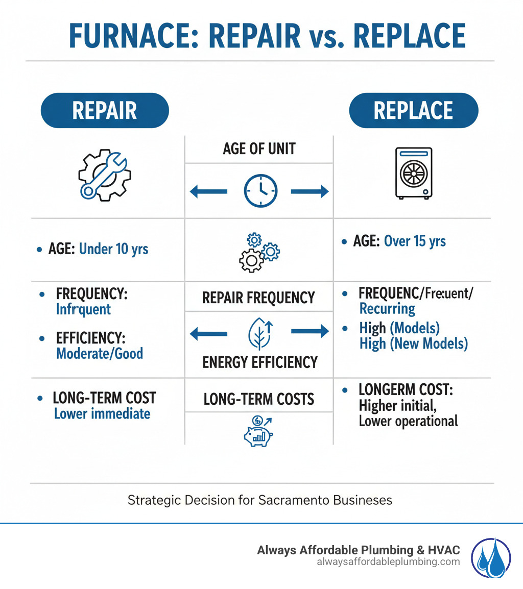 Table comparing furnace repair vs. replacement based on age, repair frequency, energy efficiency, and long-term business costs. - furnace repair sacramento ca infographic 