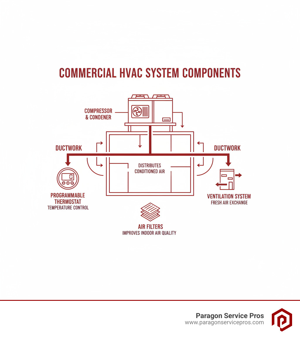 infographic showing commercial HVAC system components including rooftop unit with compressor and condenser, ductwork distributing conditioned air throughout building, programmable thermostat for temperature control, ventilation system for fresh air exchange, and air filters for indoor air quality - commercial hvac services gilbert, az infographic infographic showing commercial HVAC system components including rooftop unit with compressor and condenser, ductwork distributing conditioned air throughout building, programmable thermostat for temperature control, ventilation system for fresh air exchange, and air filters for indoor air quality - commercial hvac services gilbert, az infographic