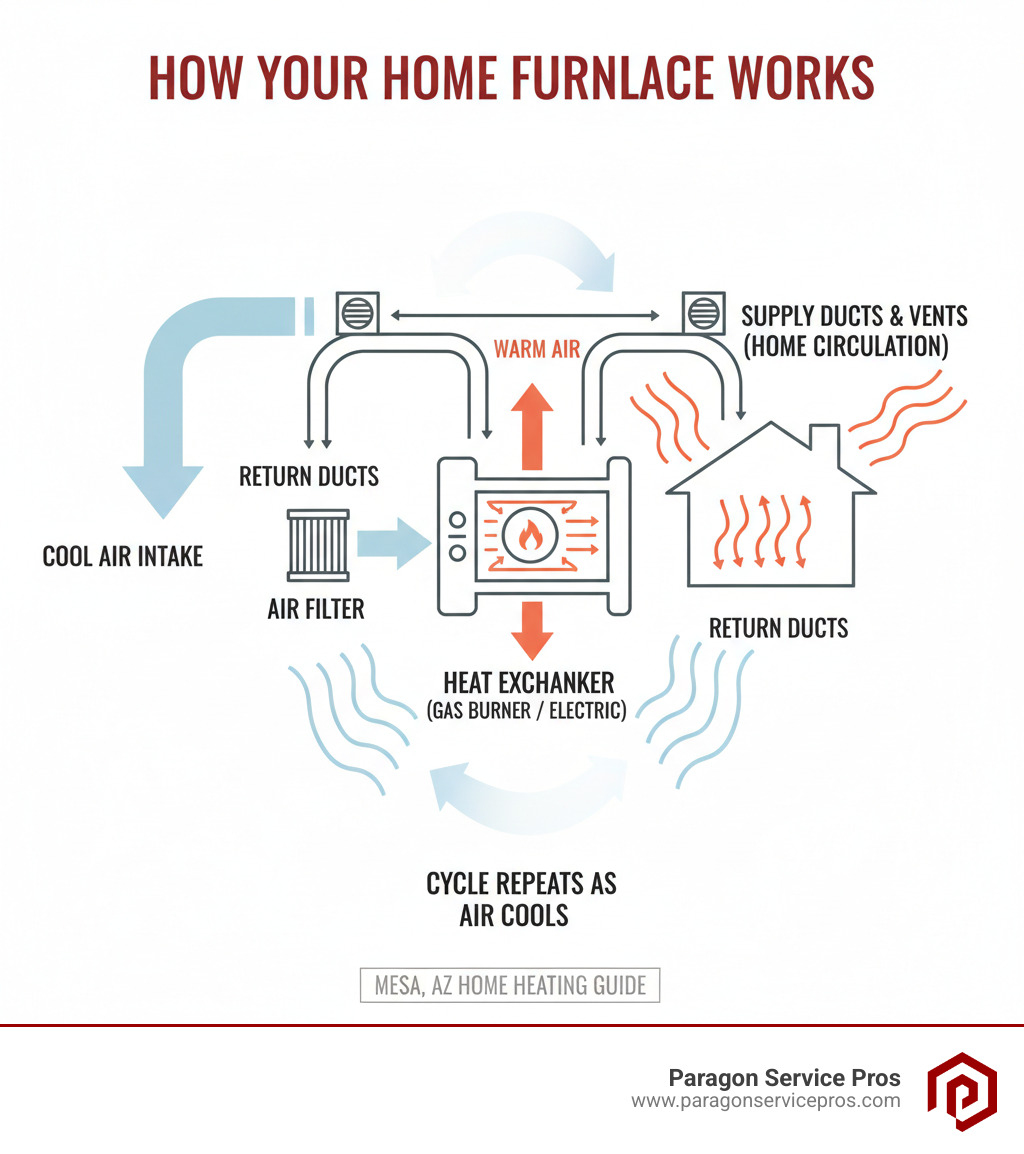 Infographic showing how a home furnace works: cool air enters through return ducts, passes through air filter, gets heated by gas burner or electric heating element, warm air circulates through supply ducts and vents throughout the home, cycle repeats as air cools and returns to furnace - furnace repair mesa, az infographic Infographic showing how a home furnace works: cool air enters through return ducts, passes through air filter, gets heated by gas burner or electric heating element, warm air circulates through supply ducts and vents throughout the home, cycle repeats as air cools and returns to furnace - furnace repair mesa, az infographic
