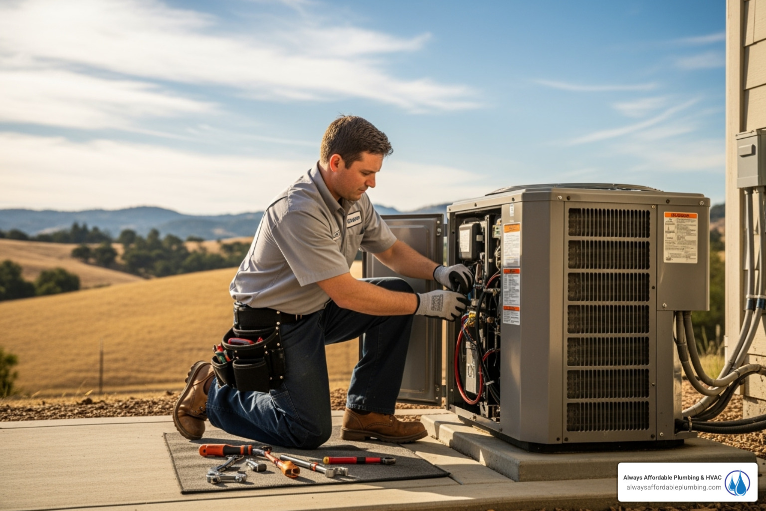 technician servicing an outdoor AC unit with Folsom hills in the background - heating and cooling maintenance folsom ca