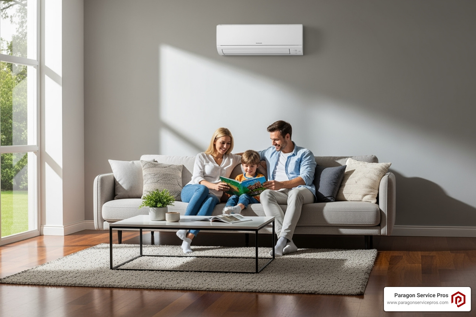 family relaxing comfortably in a room with a sleek ductless unit - ductless mini split installation american fork, ut family relaxing comfortably in a room with a sleek ductless unit - ductless mini split installation american fork, ut