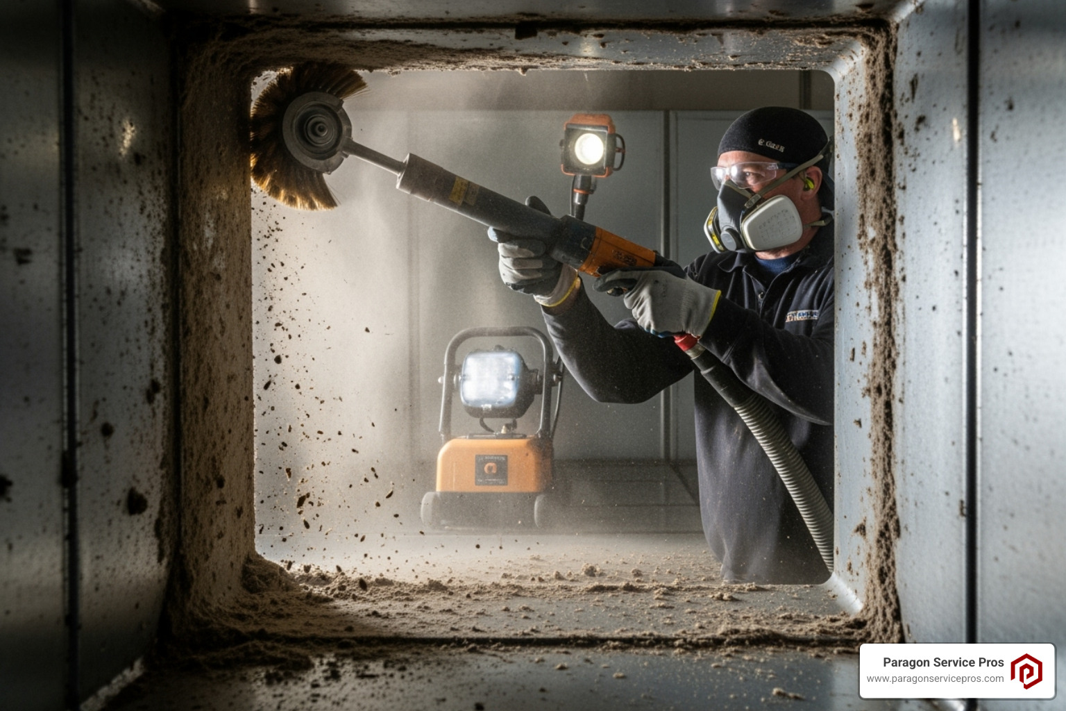 A technician using a rotary brush inside a duct - air duct cleaning bluffdale, ut A technician using a rotary brush inside a duct - air duct cleaning bluffdale, ut