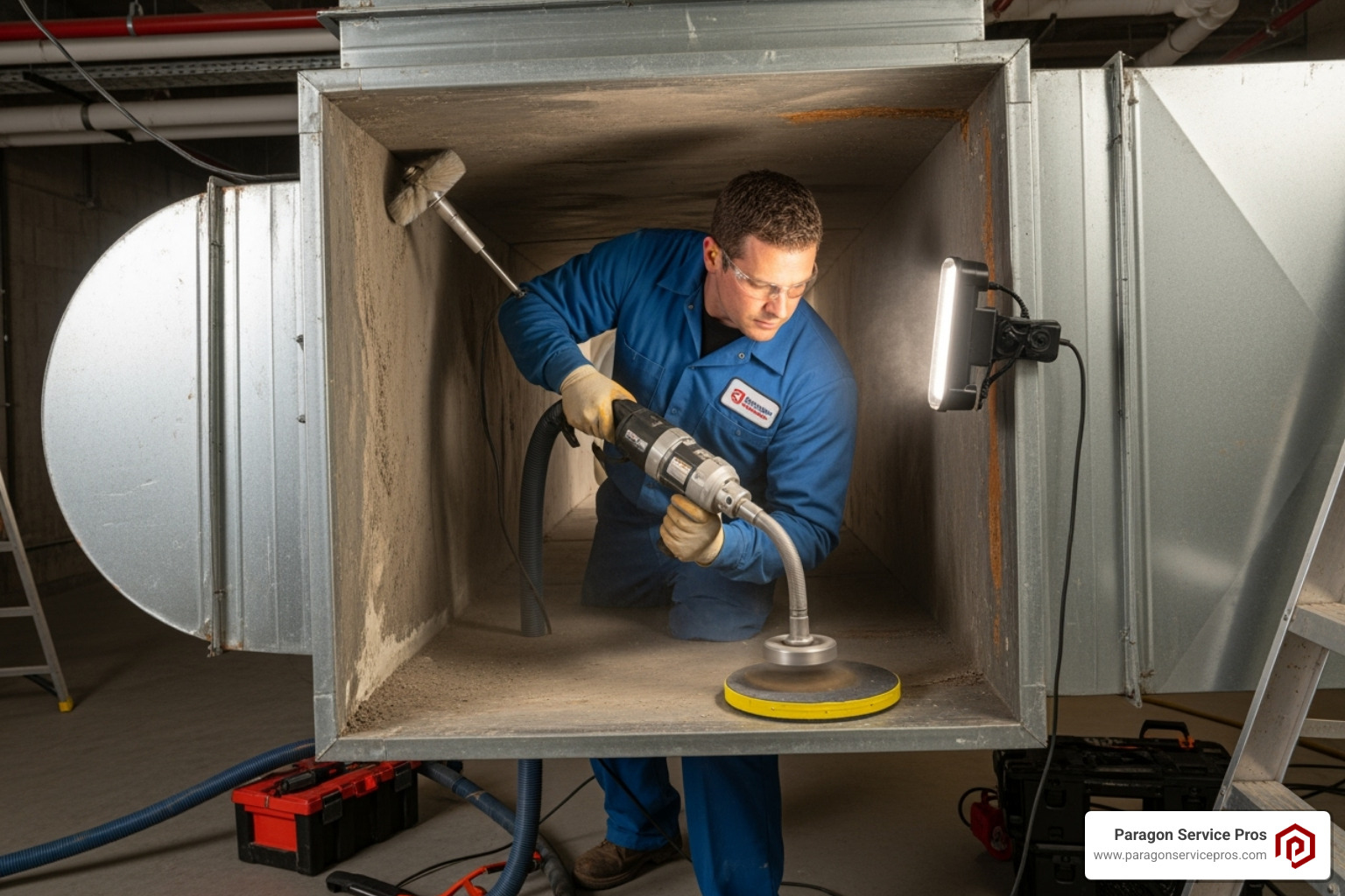 A technician using a rotary brush inside a duct - air duct cleaning chandler, az A technician using a rotary brush inside a duct - air duct cleaning chandler, az