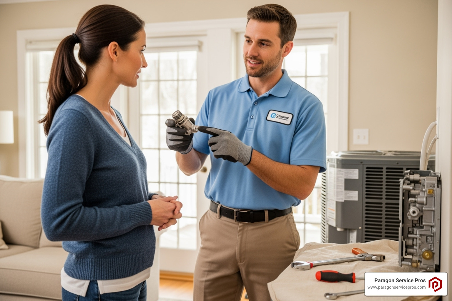 Friendly technician explaining a part to a homeowner - ac repair chandler, az Friendly technician explaining a part to a homeowner - ac repair chandler, az