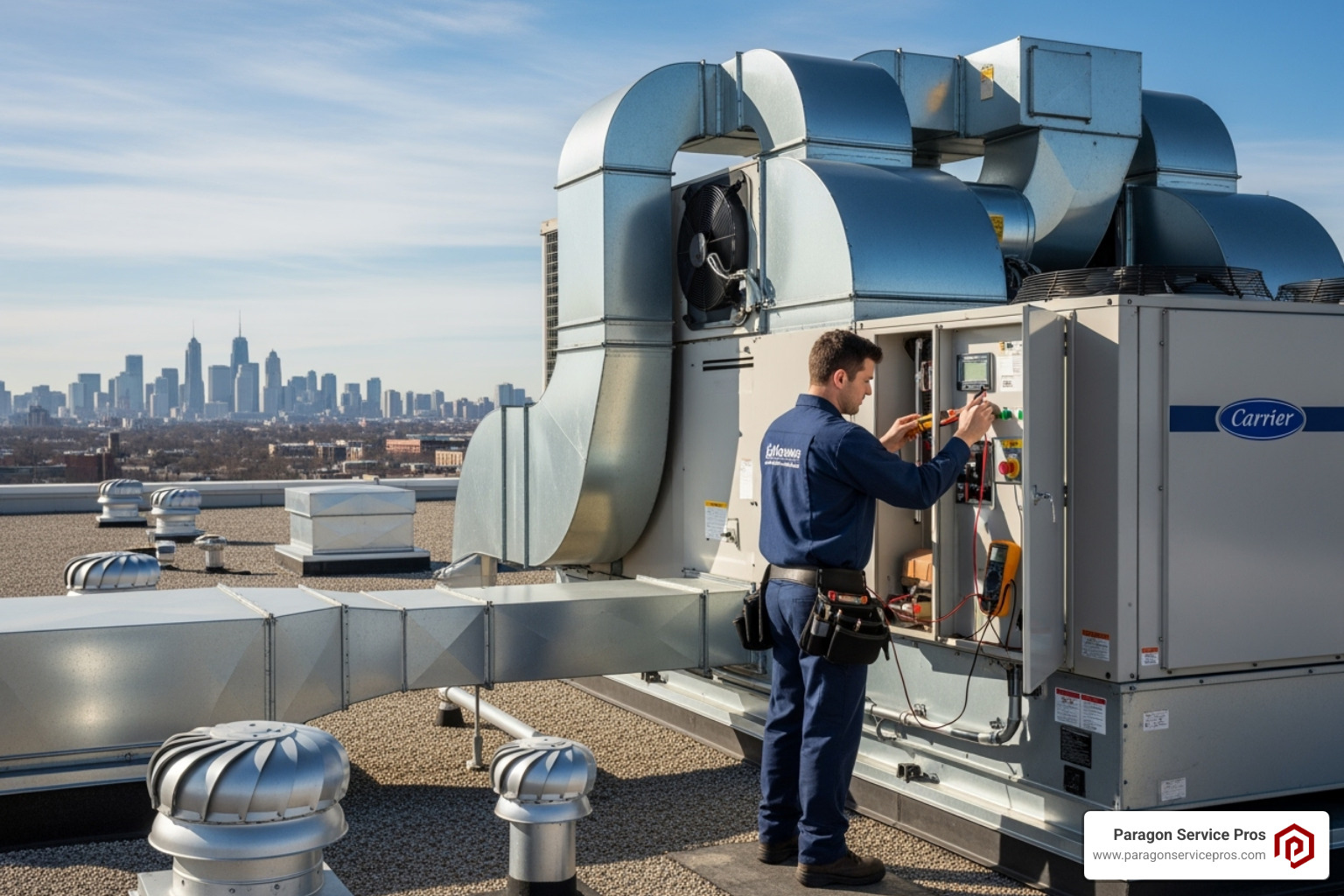technician servicing a commercial rooftop HVAC unit - commercial hvac services bluffdale, ut technician servicing a commercial rooftop HVAC unit - commercial hvac services bluffdale, ut