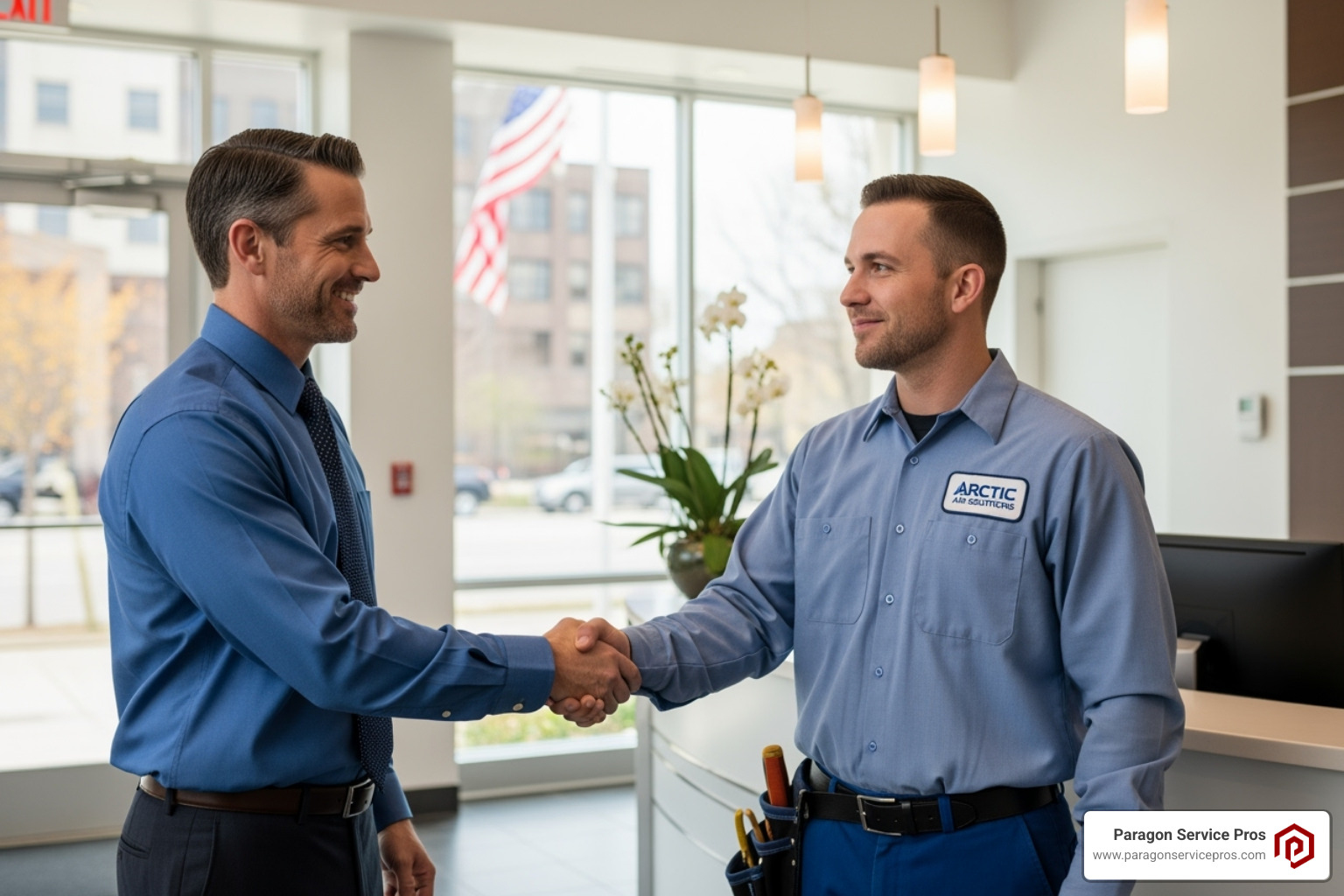 satisfied business owner shaking hands with an HVAC technician - commercial hvac services bluffdale, ut satisfied business owner shaking hands with an HVAC technician - commercial hvac services bluffdale, ut