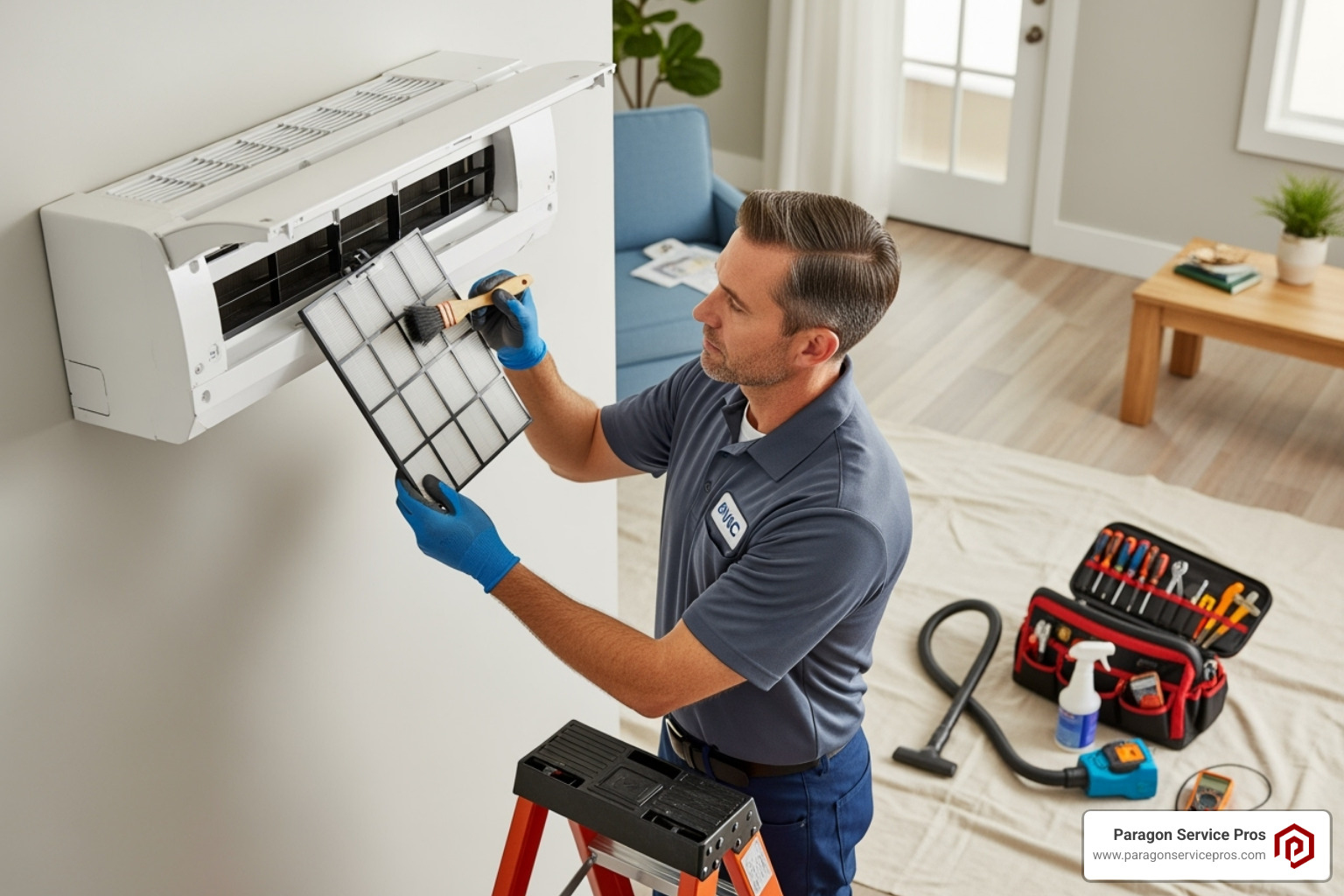 Technician cleaning mini-split filter - ductless mini split installation provo, ut Technician cleaning mini-split filter - ductless mini split installation provo, ut