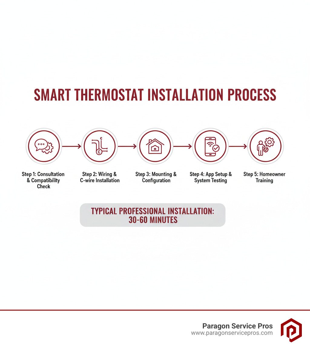 Infographic showing the smart thermostat installation process: Step 1 - Professional consultation and system compatibility check, Step 2 - Proper wiring and C-wire installation if needed, Step 3 - Thermostat mounting and configuration, Step 4 - App setup and system testing, Step 5 - Homeowner training on features and schedules. Shows typical timeline of 30-60 minutes for professional installation. - smart thermostat installation american fork, ut infographic Infographic showing the smart thermostat installation process: Step 1 - Professional consultation and system compatibility check, Step 2 - Proper wiring and C-wire installation if needed, Step 3 - Thermostat mounting and configuration, Step 4 - App setup and system testing, Step 5 - Homeowner training on features and schedules. Shows typical timeline of 30-60 minutes for professional installation. - smart thermostat installation american fork, ut infographic
