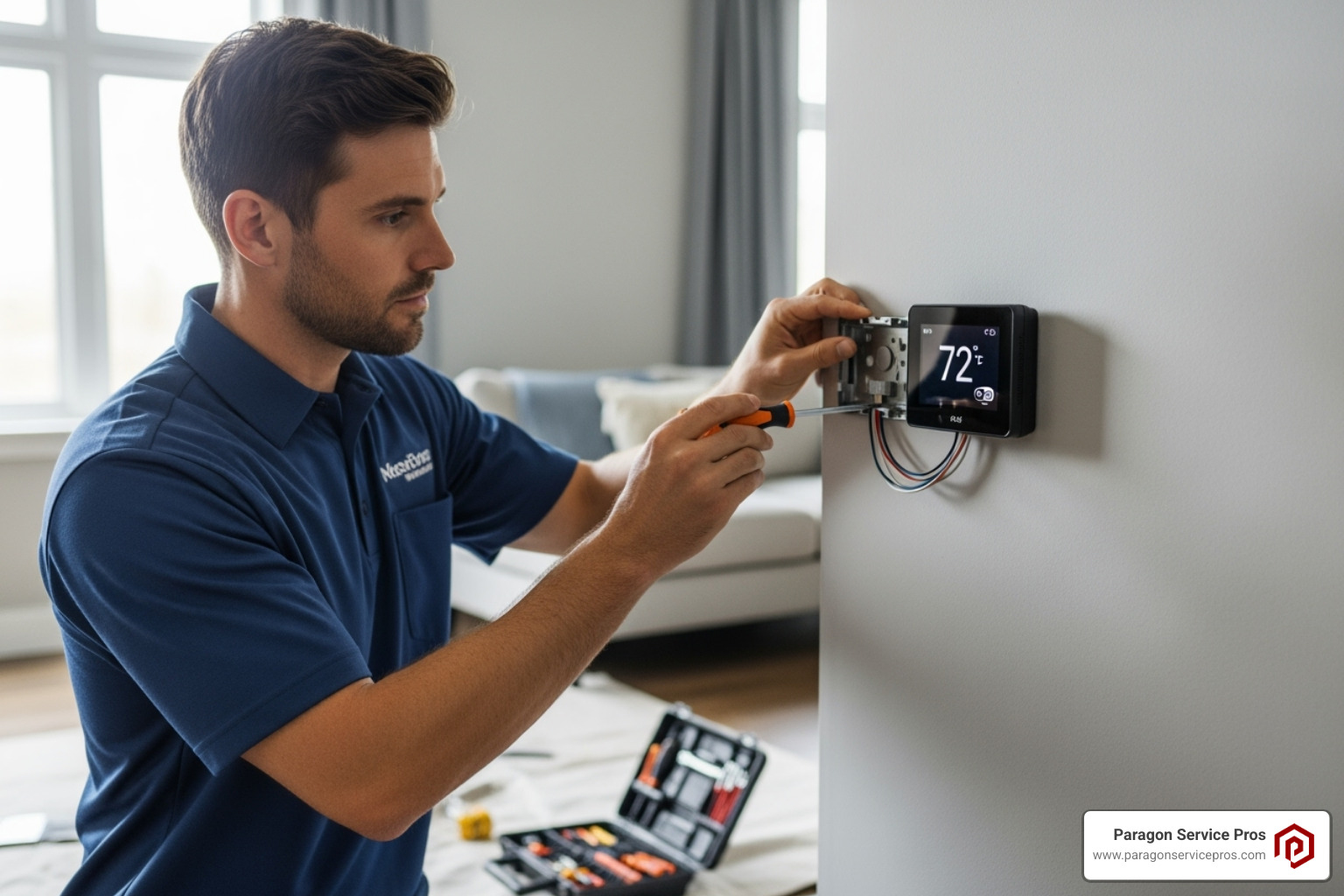A professional technician neatly installing a smart thermostat - smart thermostat installation american fork, ut A professional technician neatly installing a smart thermostat - smart thermostat installation american fork, ut
