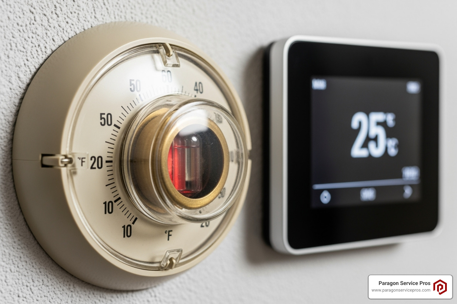Side-by-side of an old dial thermostat and a new smart thermostat - smart thermostat installation american fork, ut Side-by-side of an old dial thermostat and a new smart thermostat - smart thermostat installation american fork, ut