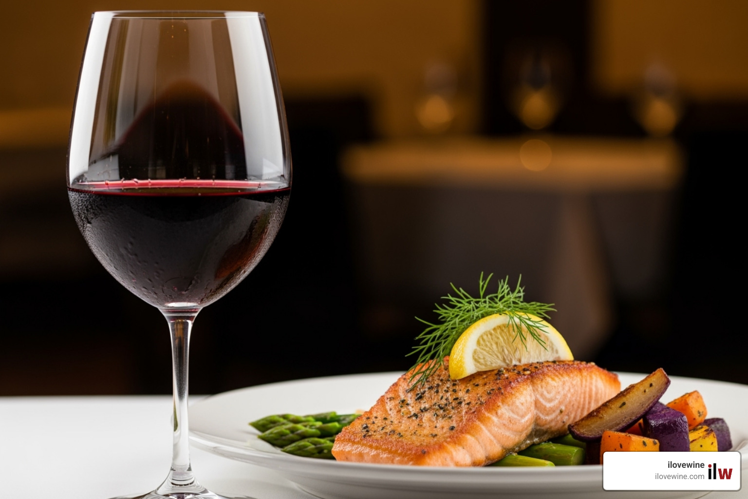 glass of Sonoma Pinot Noir next to a perfectly paired salmon dish - Sonoma wine pairings