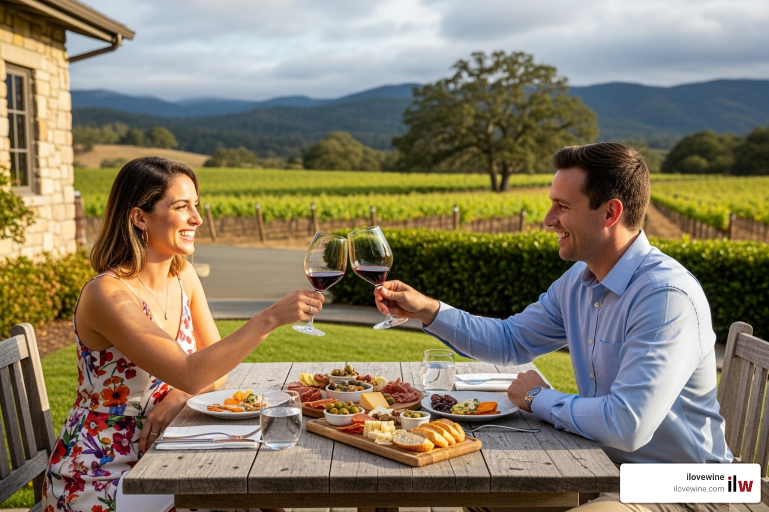 couple happily toasting with wine and food at a Sonoma winery - Sonoma wine pairings