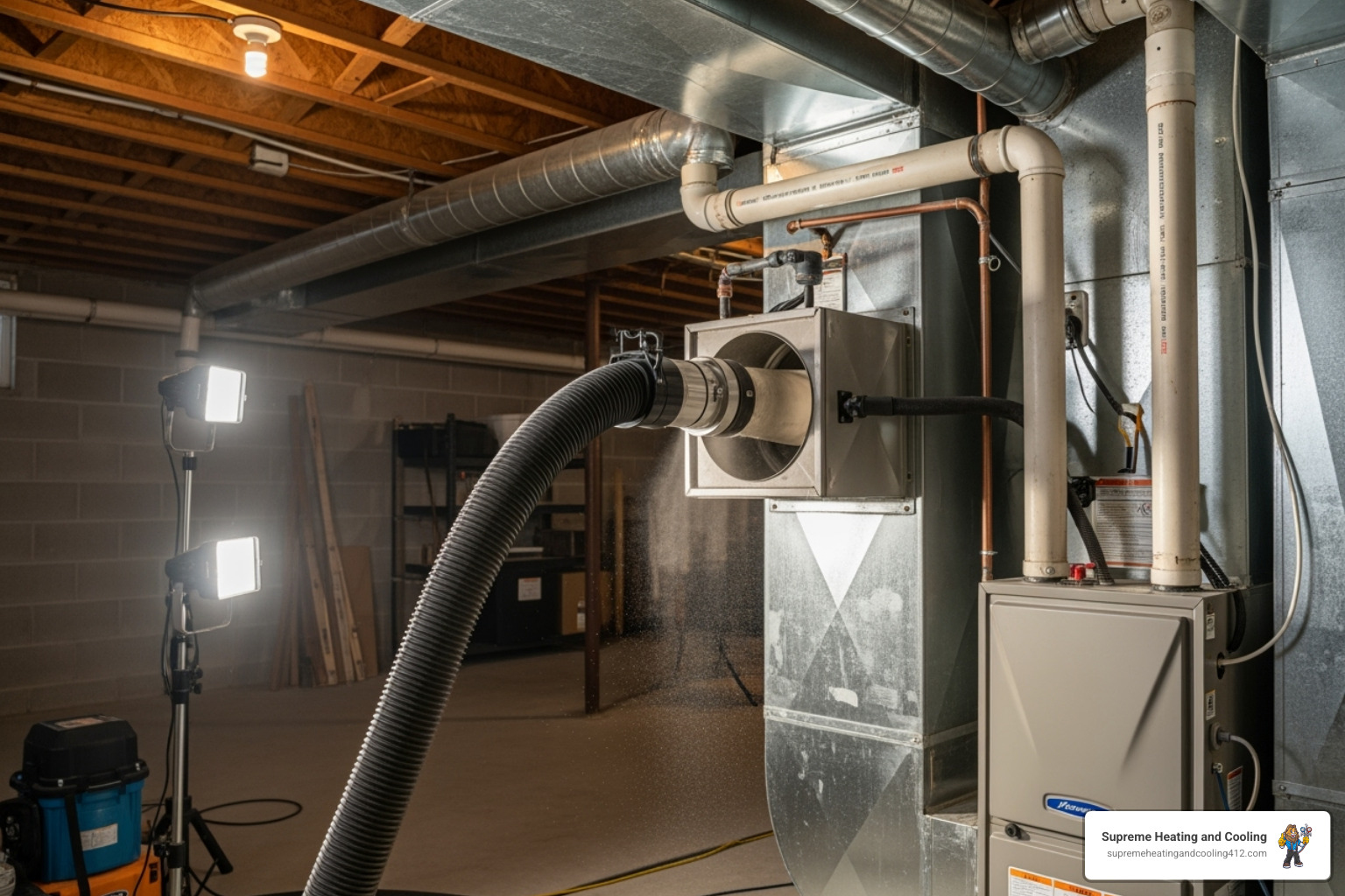 professional duct cleaning equipment, like a large vacuum hose connected to a furnace - duct cleaning bethel park, pa
