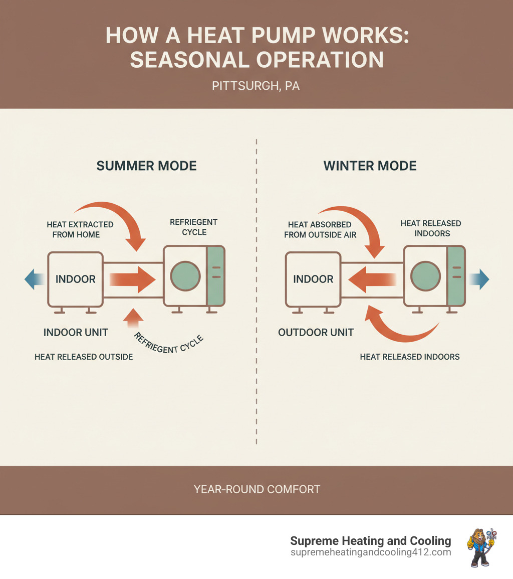 Infographic showing heat pump operation in summer mode extracting heat from inside the home and moving it outside, versus winter mode extracting heat from outside air and moving it inside, with arrows indicating heat flow direction and labels for indoor unit, outdoor unit, refrigerant cycle, and seasonal operation differences - heat pump repair pittsburgh, pa infographic 