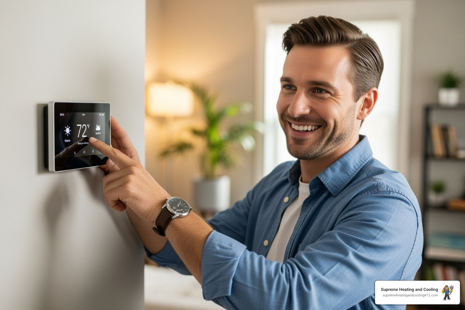 happy homeowner adjusting thermostat - heat pump repair pittsburgh, pa