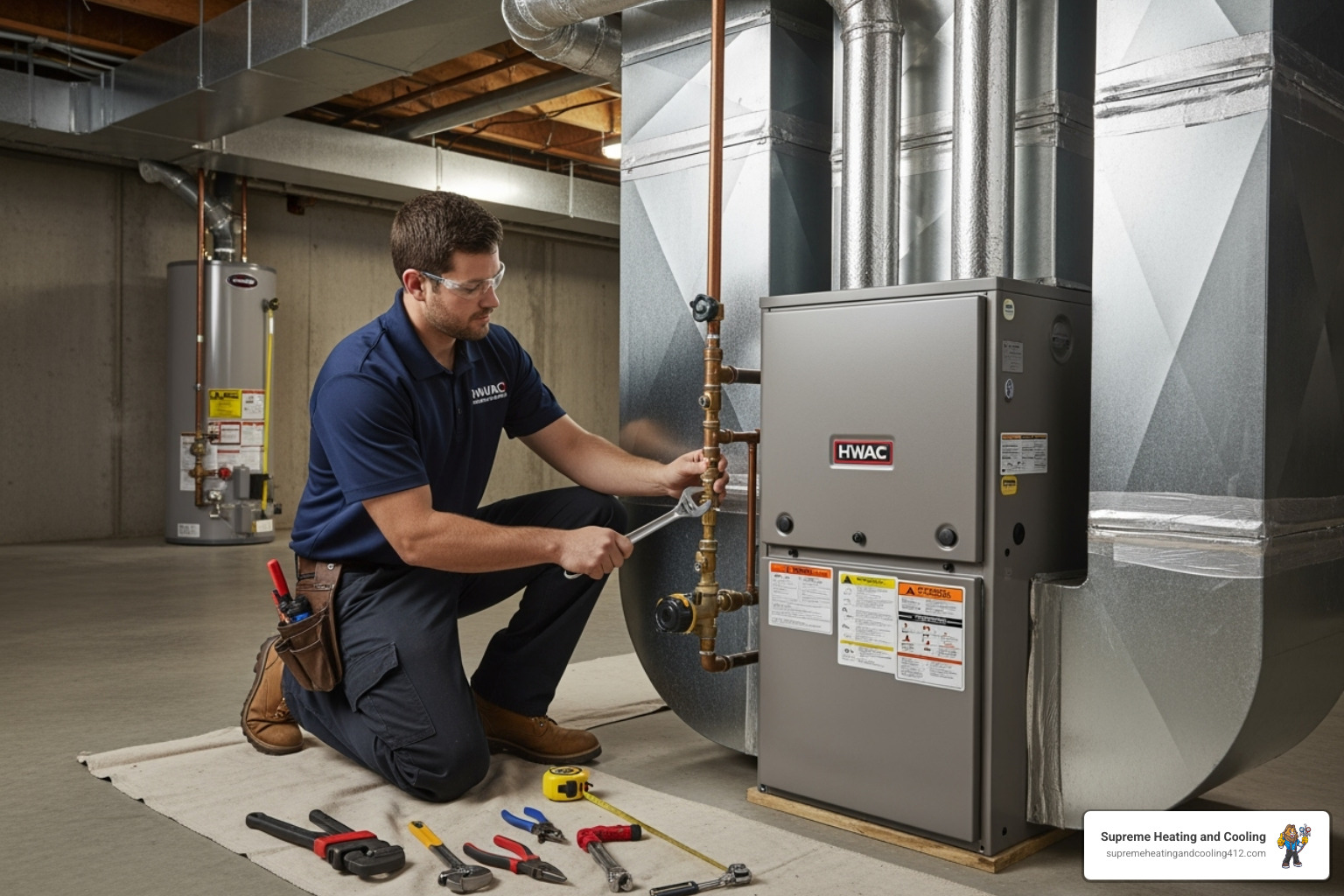 certified technician carefully installing a new furnace - furnace installation greensburg, pa