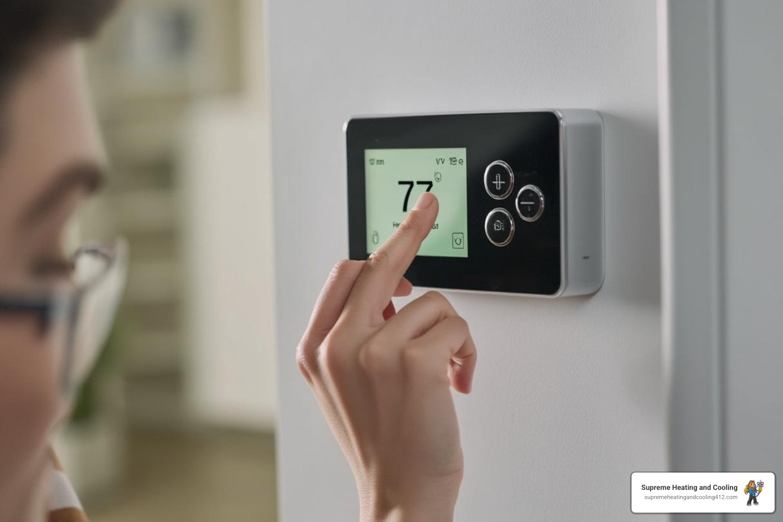homeowner checking thermostat - heating repair upper saint clair, pa