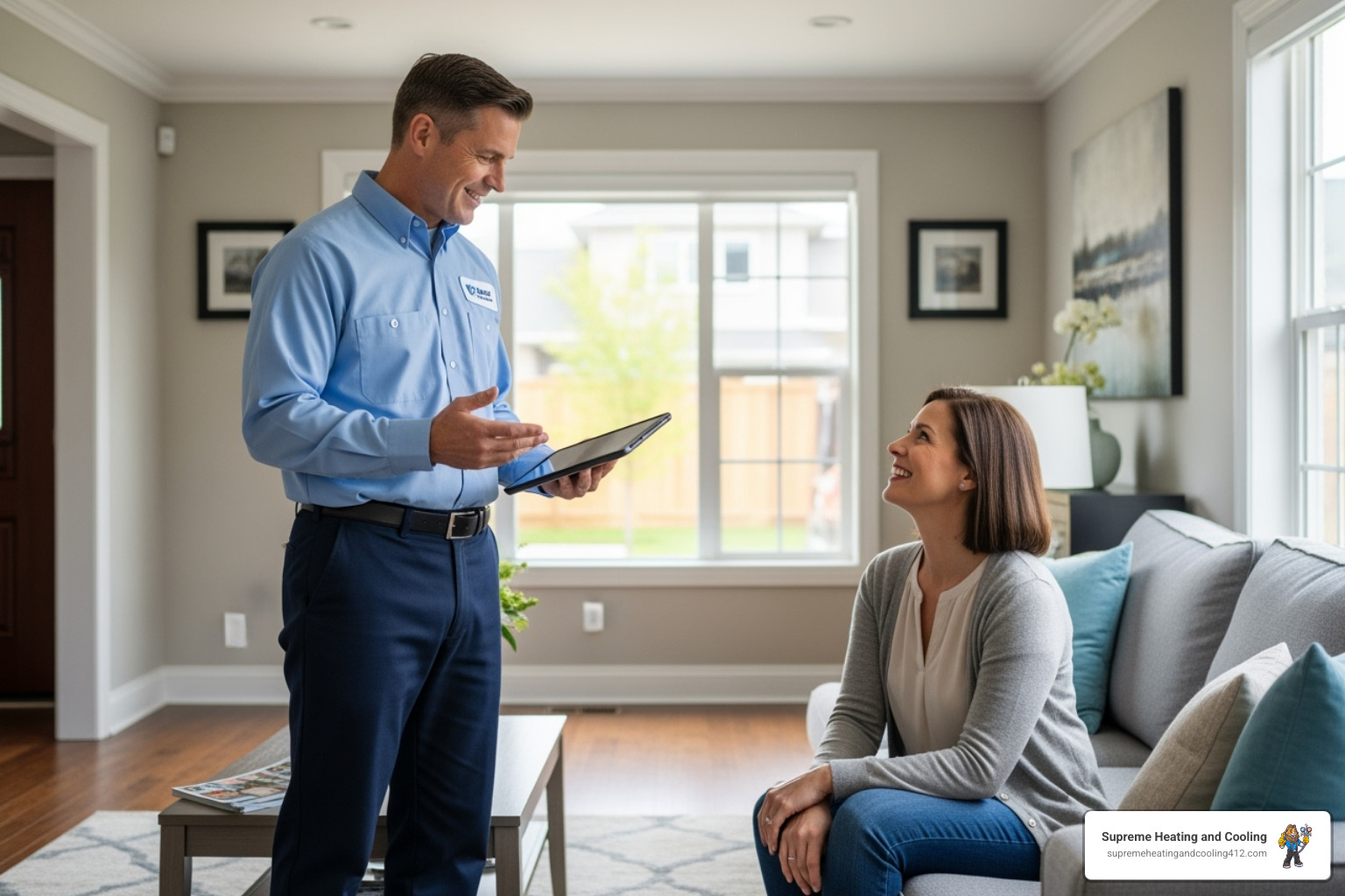 friendly professional technician speaking with homeowner - heating repair upper saint clair, pa