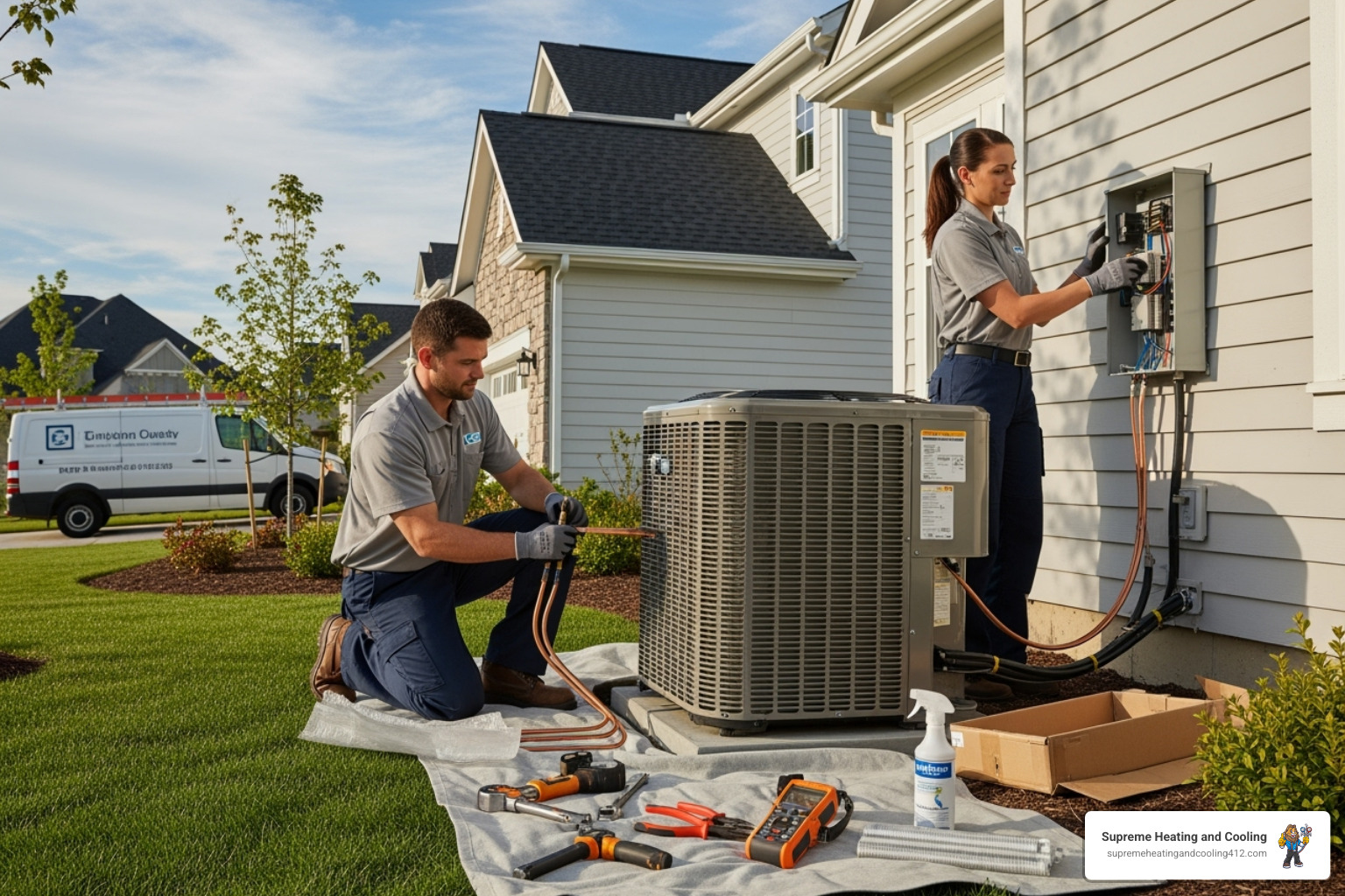 HVAC technicians professionally installing outdoor AC unit - ac installation edgewood, pa